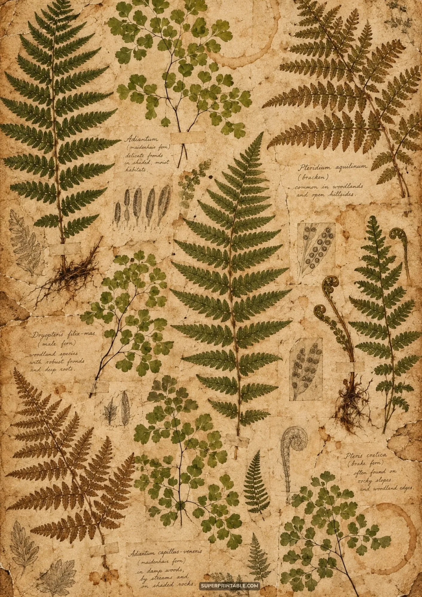 Victorian herbarium backgrounds specimen sheet with mounted fern fronds and handwritten Latin labels