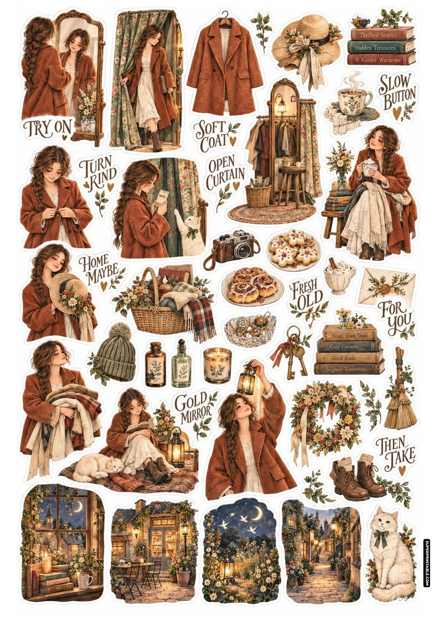 Secondhand wardrobe sticker sheet with a girl fitting a wool coat before an ornate antique mirror.
