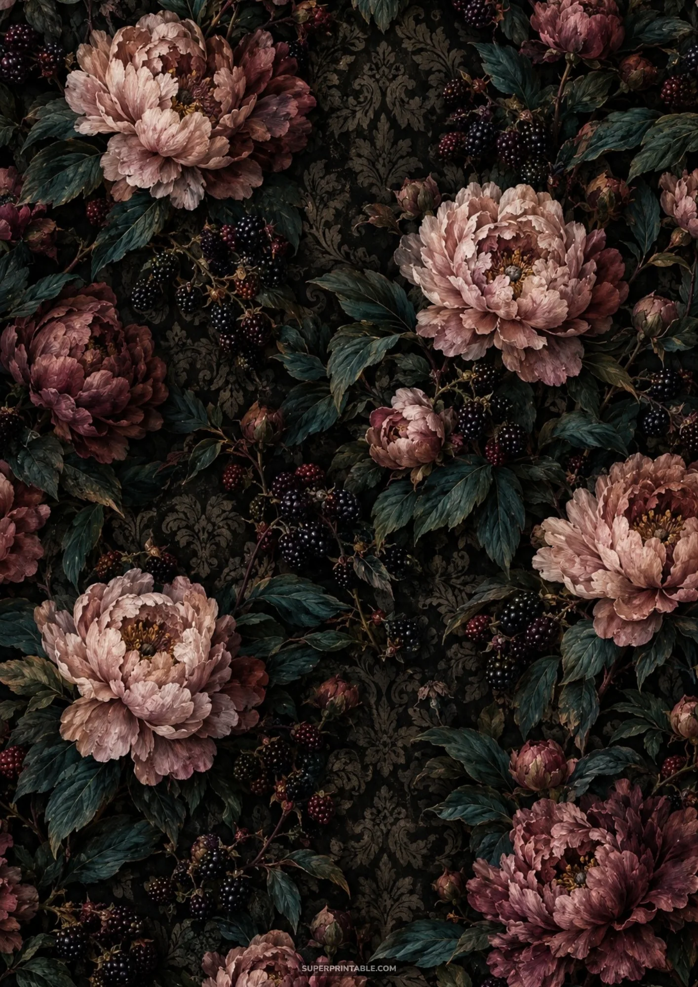 Seamless dark pattern of antique pink peonies, ripe blackberries, and ornate damask motif