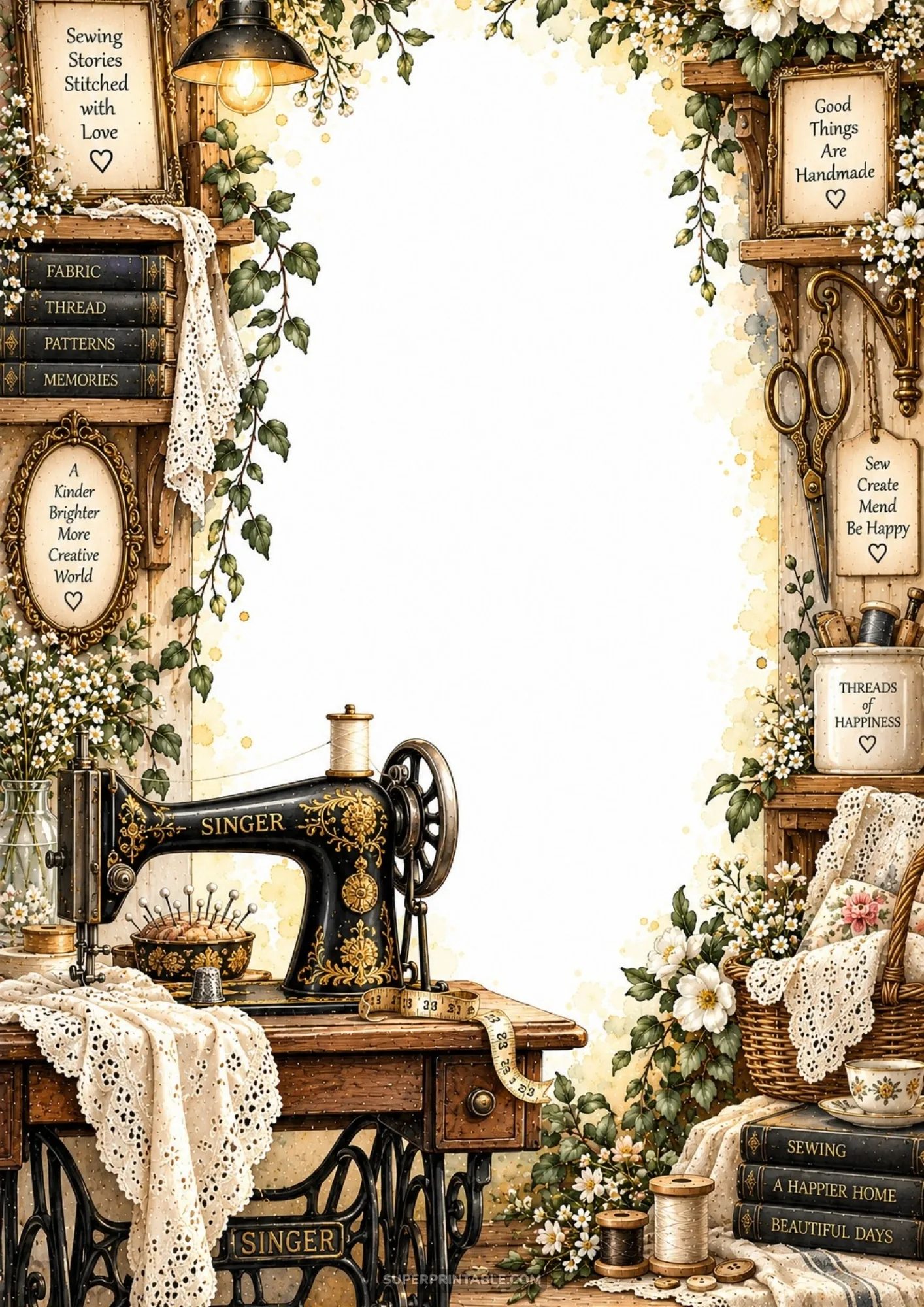 Antique ornate black sewing machine border with hanging brass lamp, lace trims, and potted ivy vines.