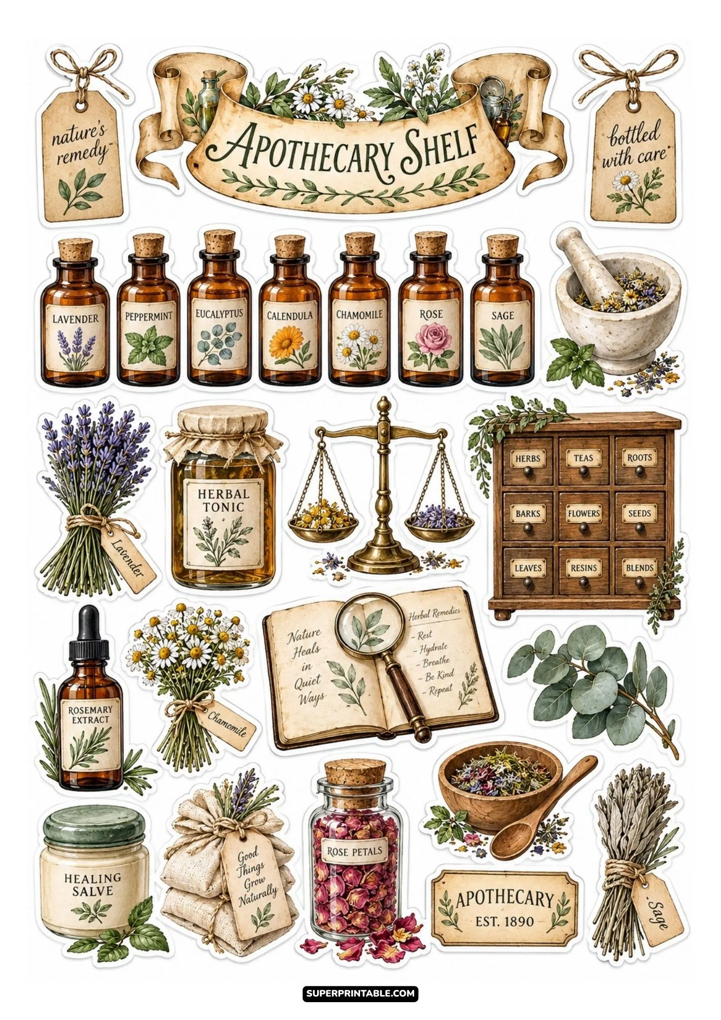 Printable botanical apothecary stickers sheet featuring herbal bottles, scales, and journals.