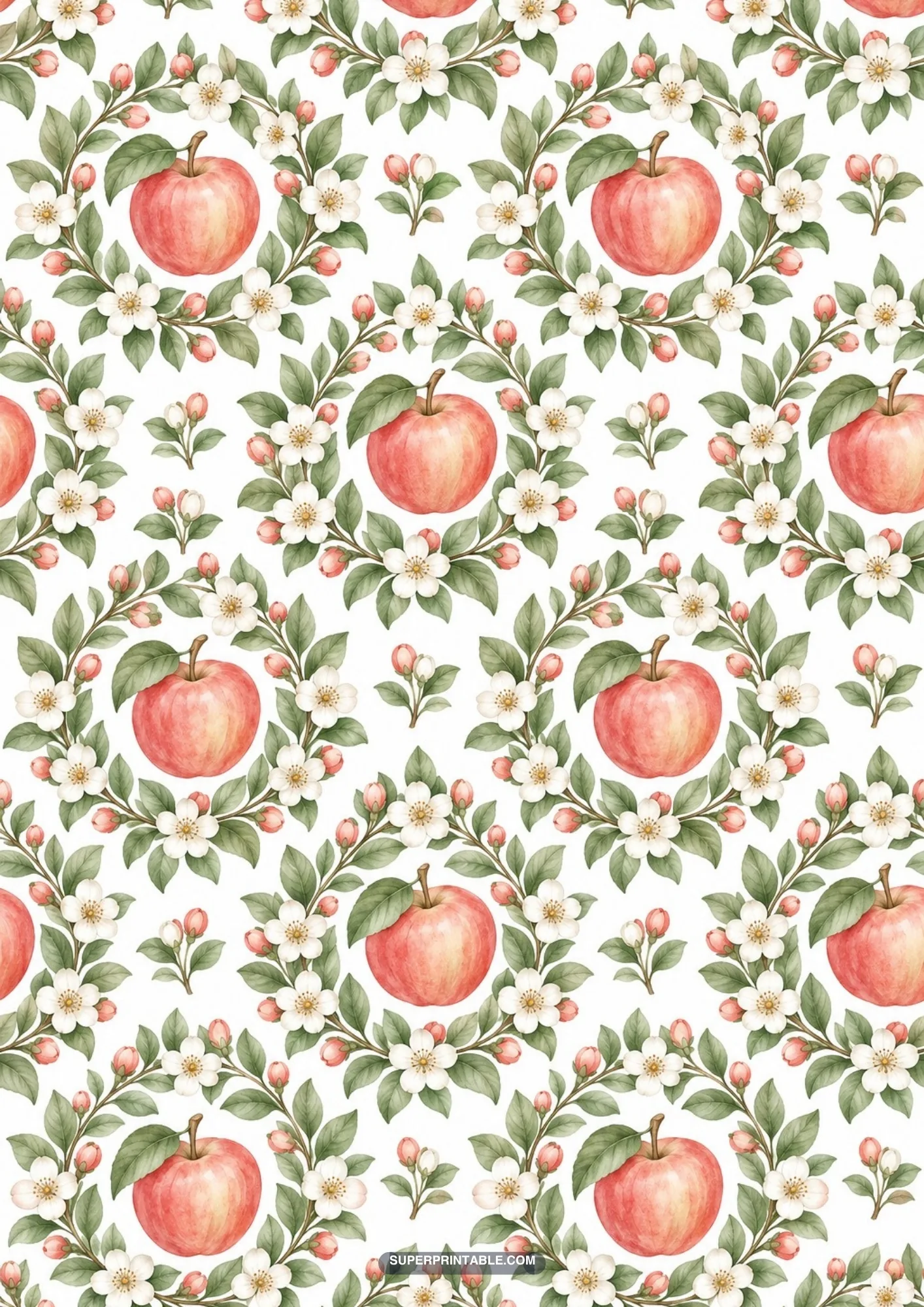 Apple blossom digital papers pattern with red apples framed in delicate floral wreaths