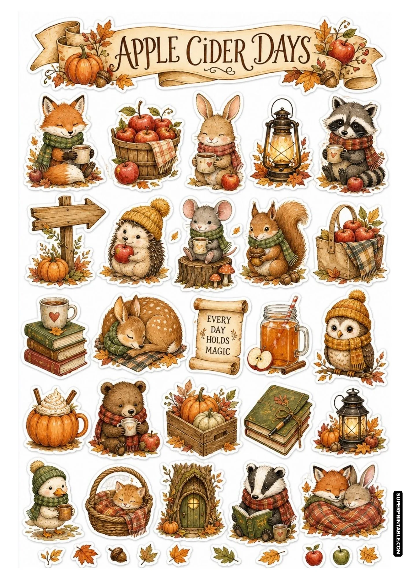 Apple Cider Days fall sticker sheet with apple baskets, warm cider drinks, and forest animals.