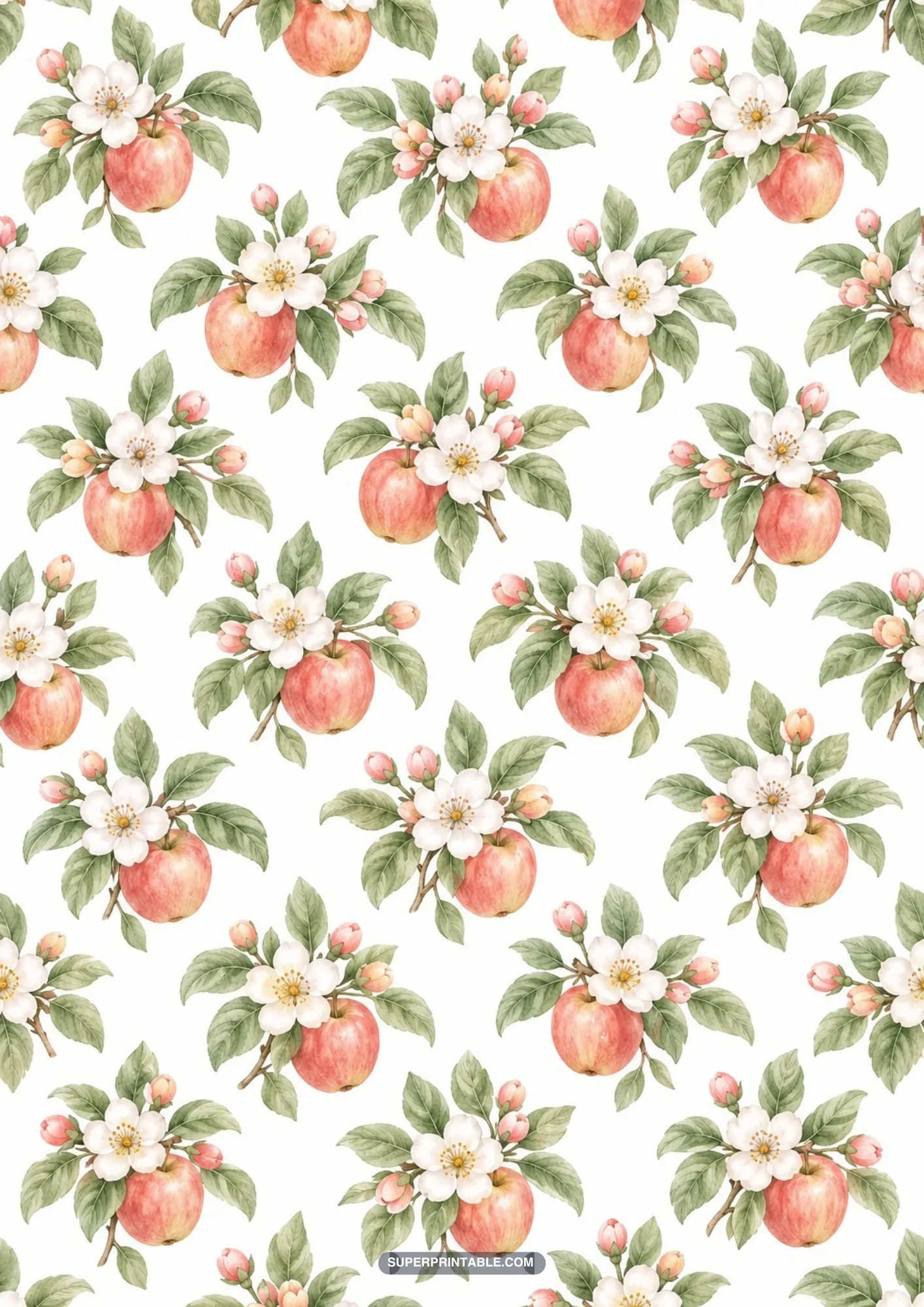Botanical pattern of ripe apples crowned with white blossoms and lush green foliage