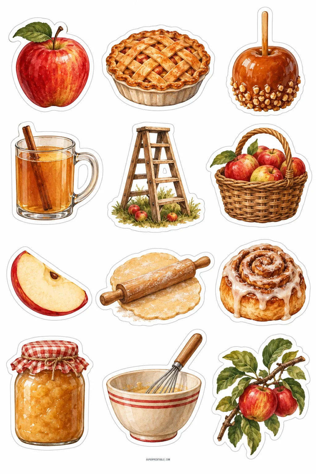 Autumn apple orchard baking stickers showing lattice apple pie, caramel apple, cider mug, and apple basket