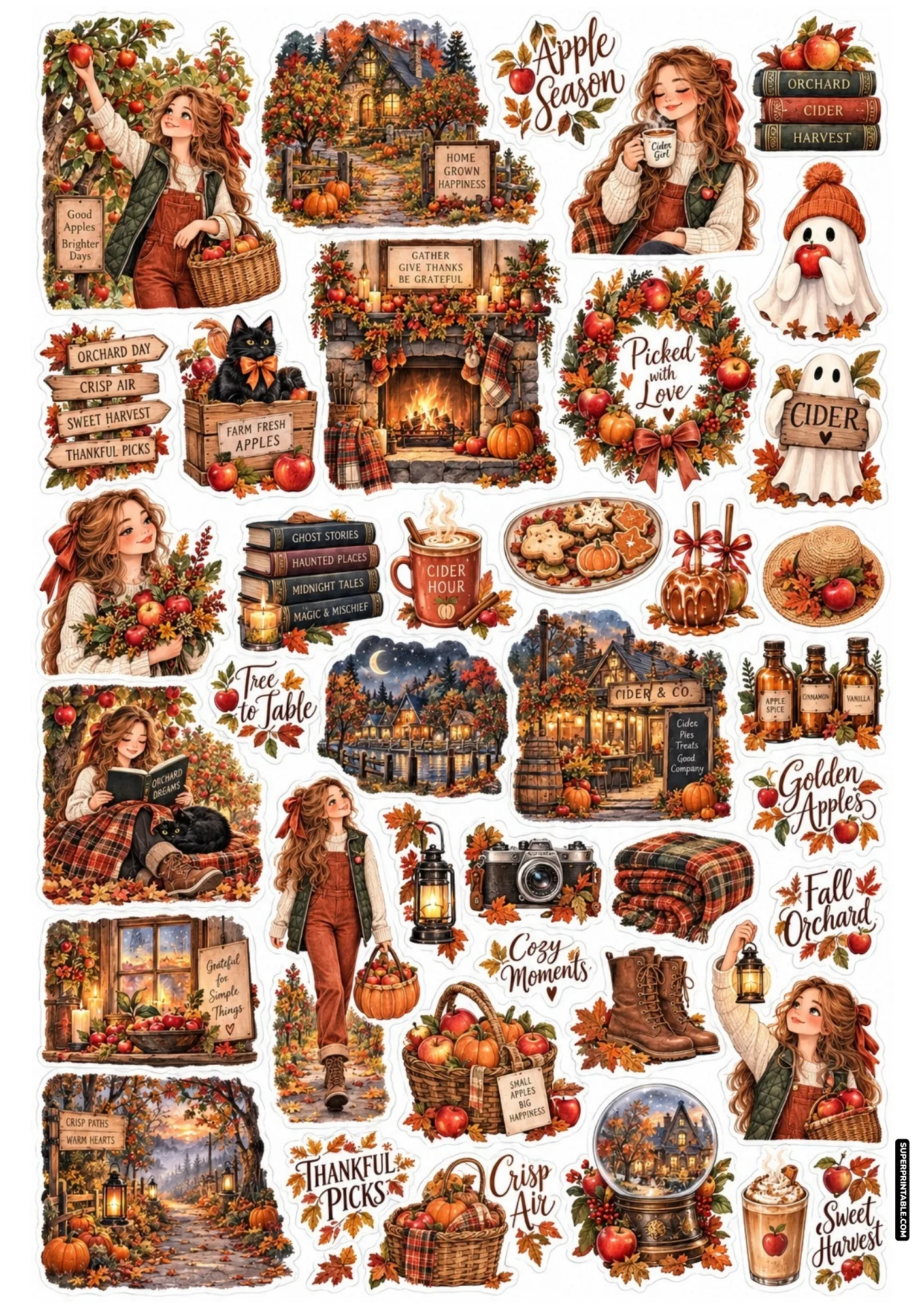 Apple orchard stickers featuring crisp apple picking, rustic country cider stands, caramel apples, and harvest wooden crates