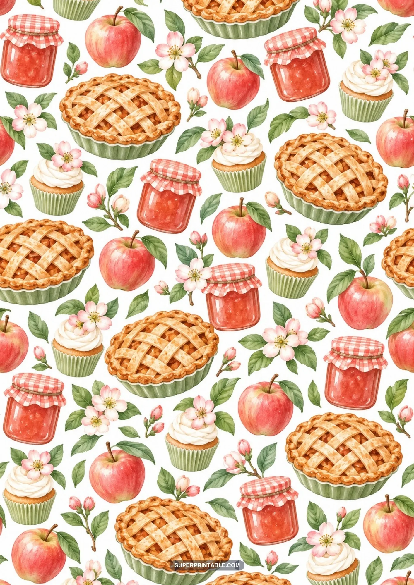 Seamless watercolor motif of golden baked apple pies, cupcakes, jam jars, and apples