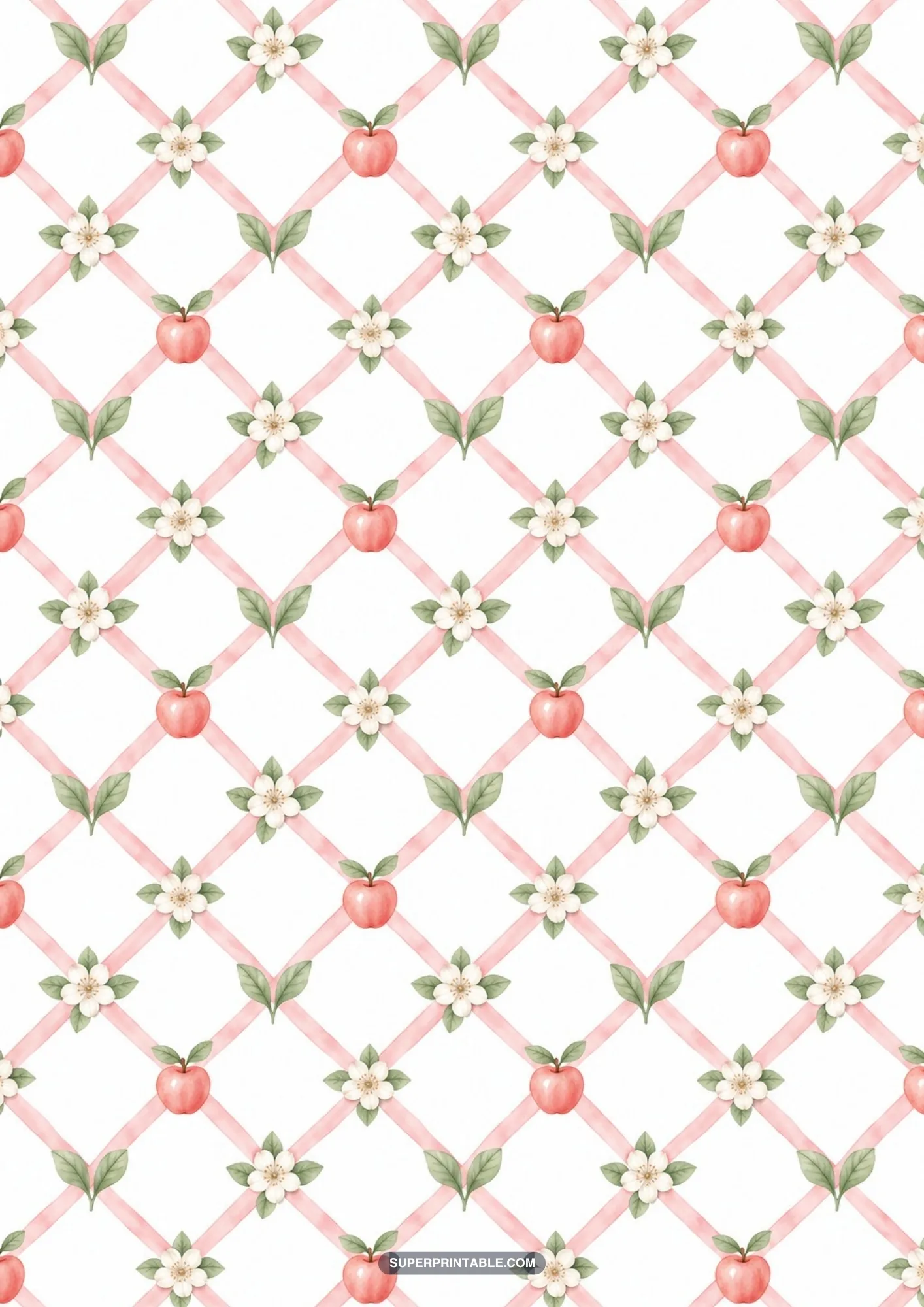 Diagonal pink ribbon lattice pattern embellished with miniature apples and blossoms