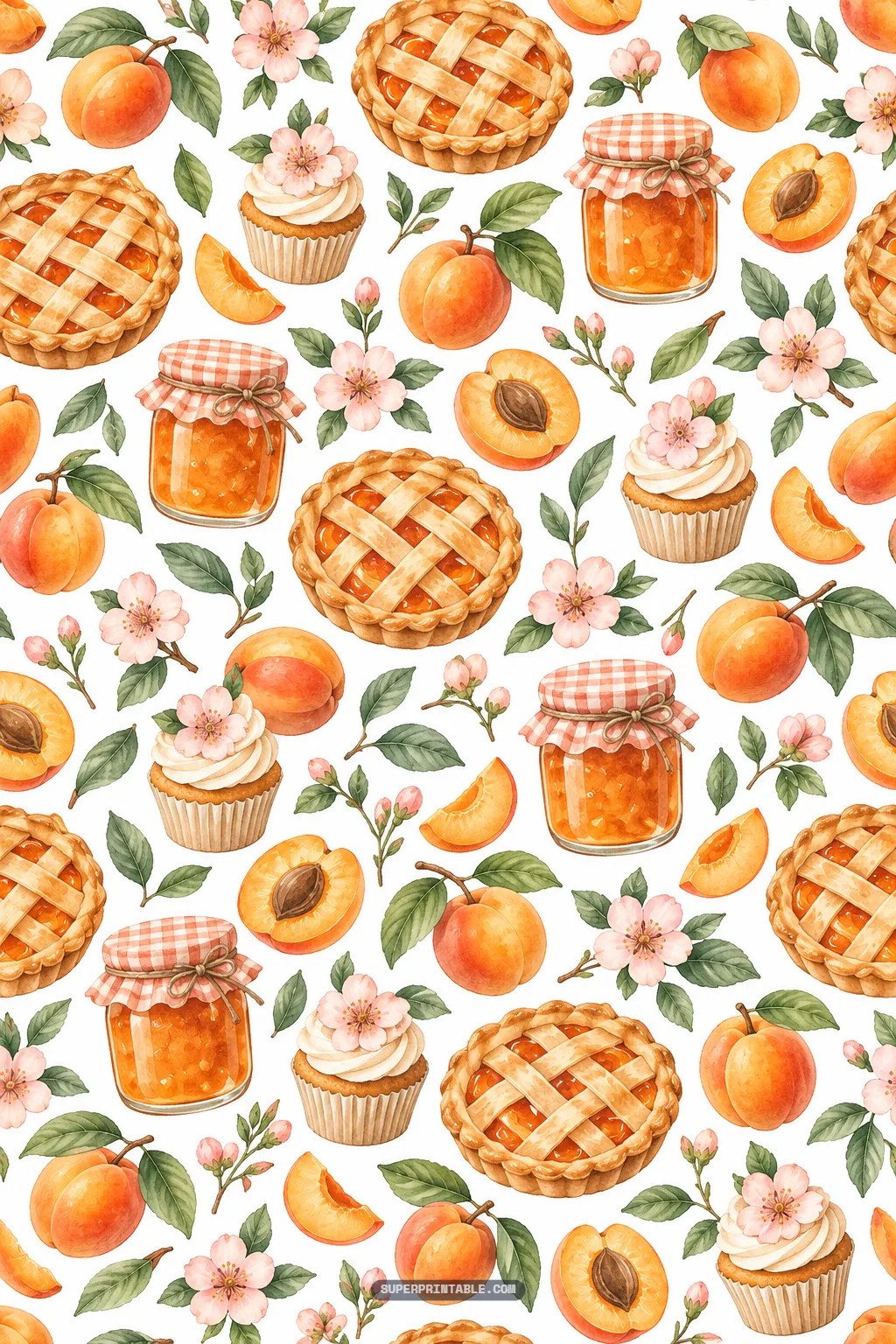 Artisan apricot bakery treats including lattice fruit pies, frosted cupcakes, and jam jars.