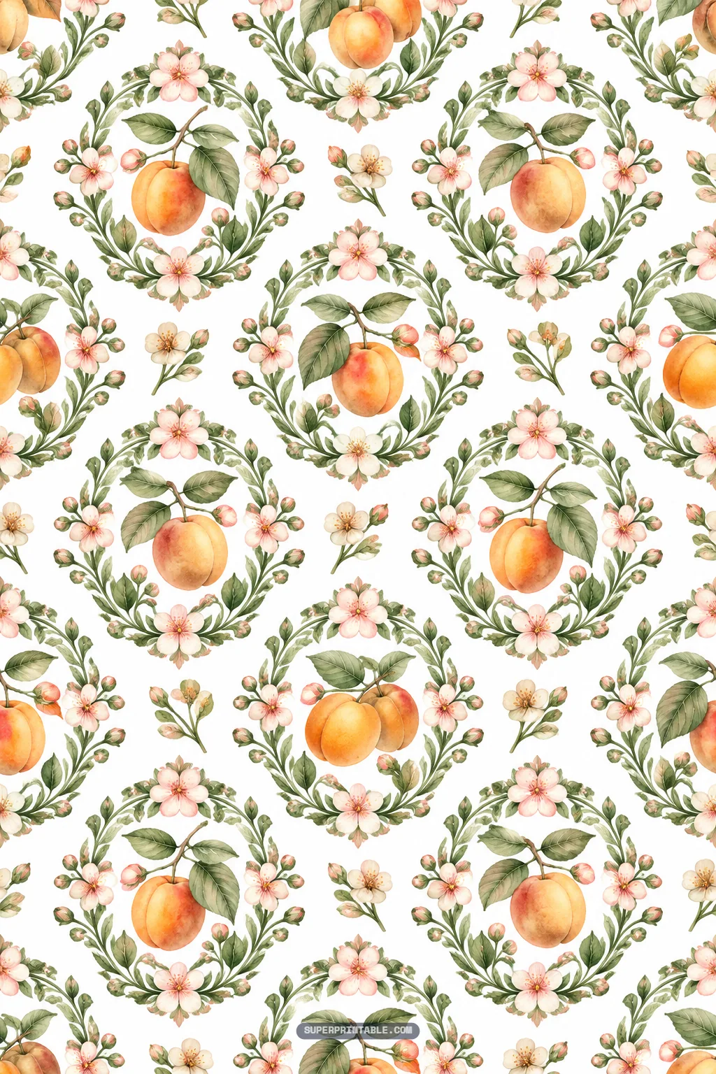 Apricot blossom digital papers featuring floral wreath medallions framing ripe apricots on white.