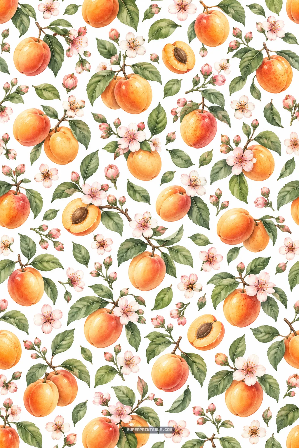 Seamless orchard pattern of ripe apricots, halved fruit, green leaves, and white flowers.