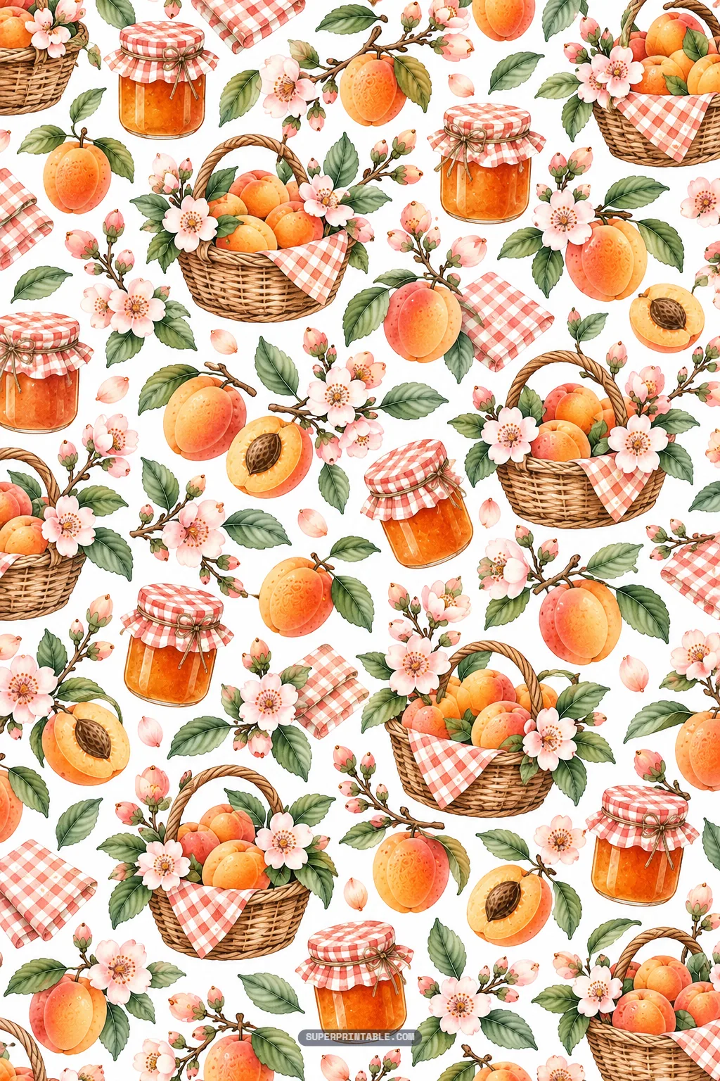 Apricot blossom digital papers with woven harvest baskets, homemade jam jars, and gingham cloth.