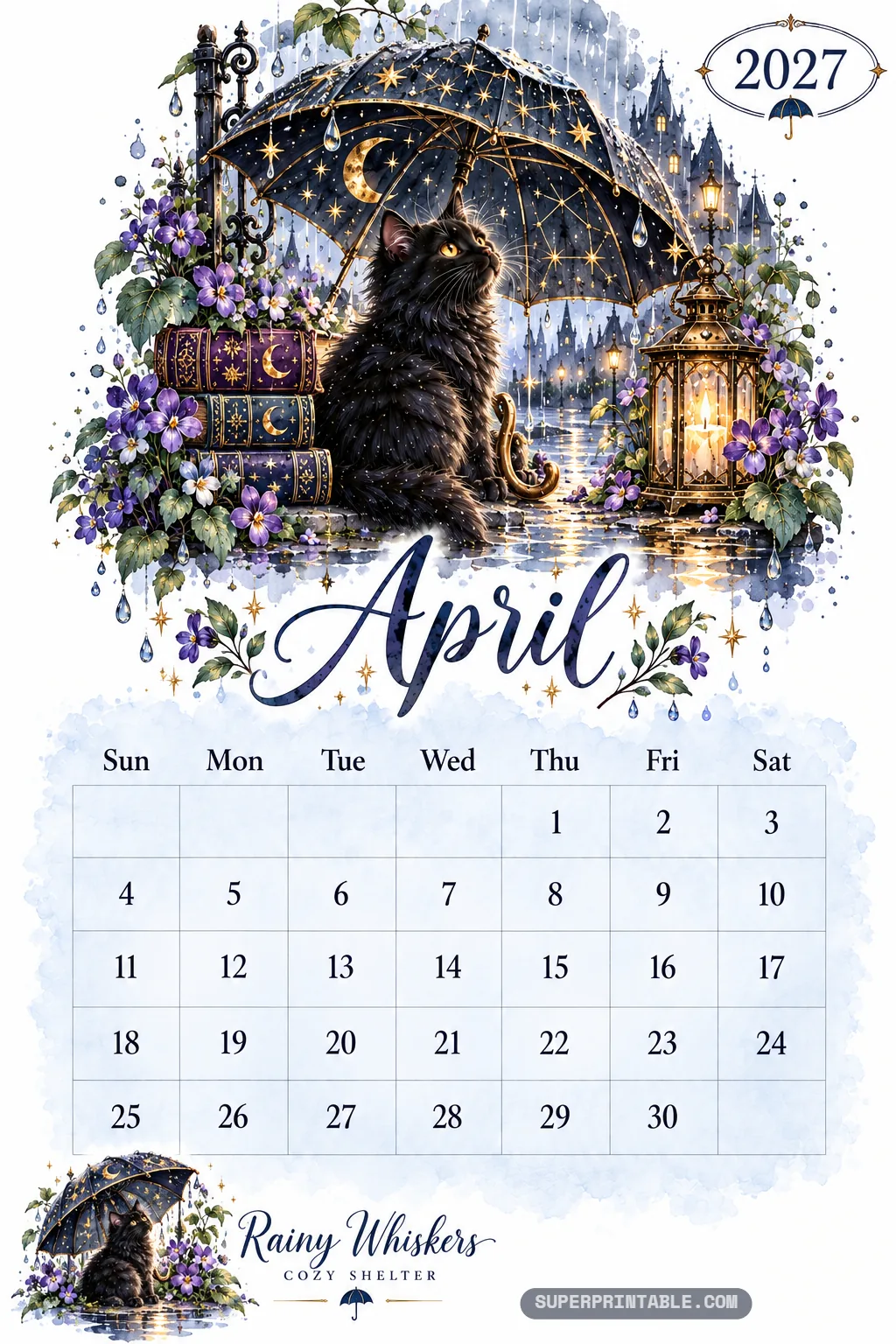 Black cat resting under a celestial gold-starred umbrella surrounded by purple violets on a rainy night