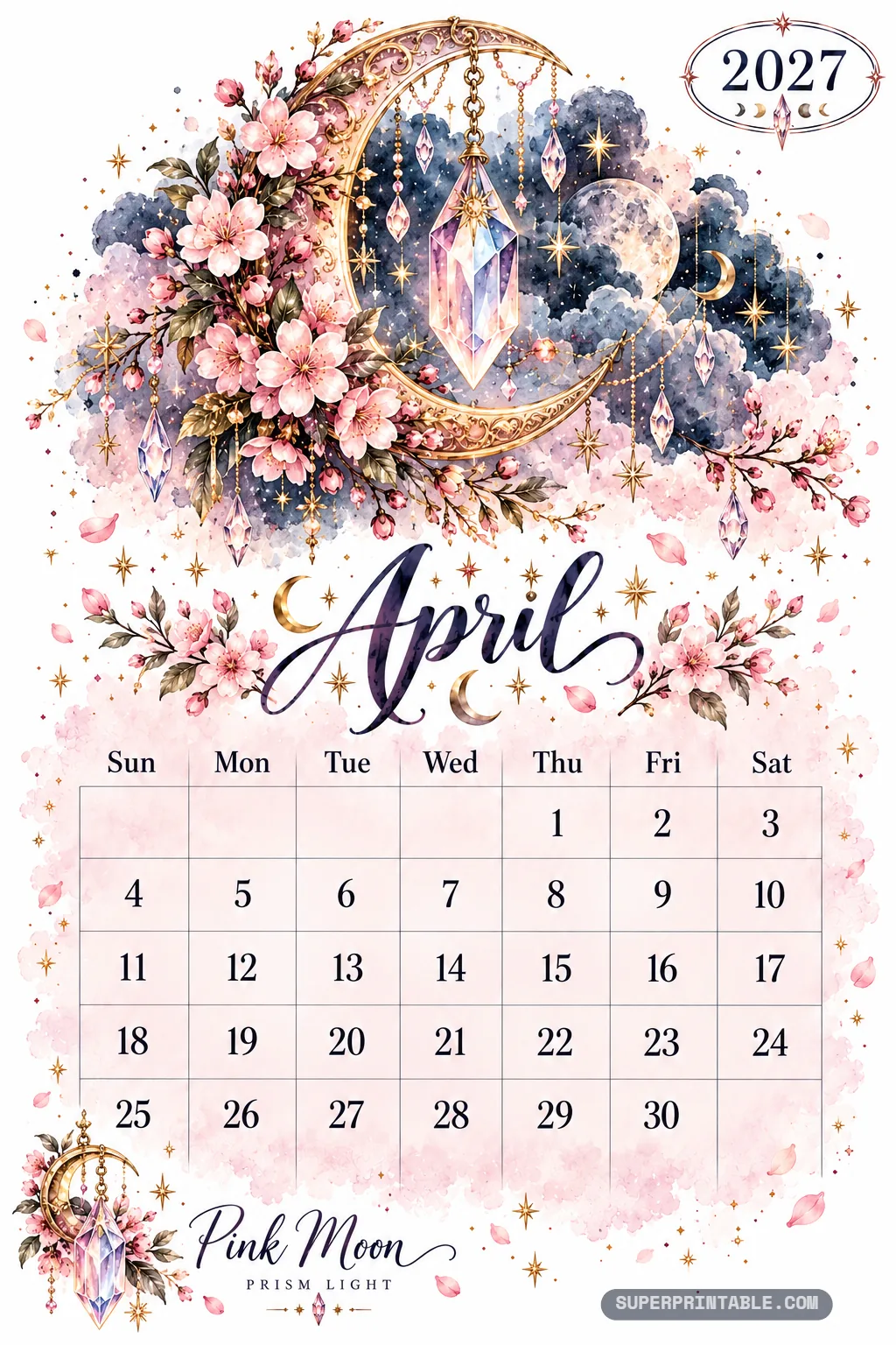 Blush pink cherry blossoms encircling a crescent moon with a hanging prismatic crystal pendant