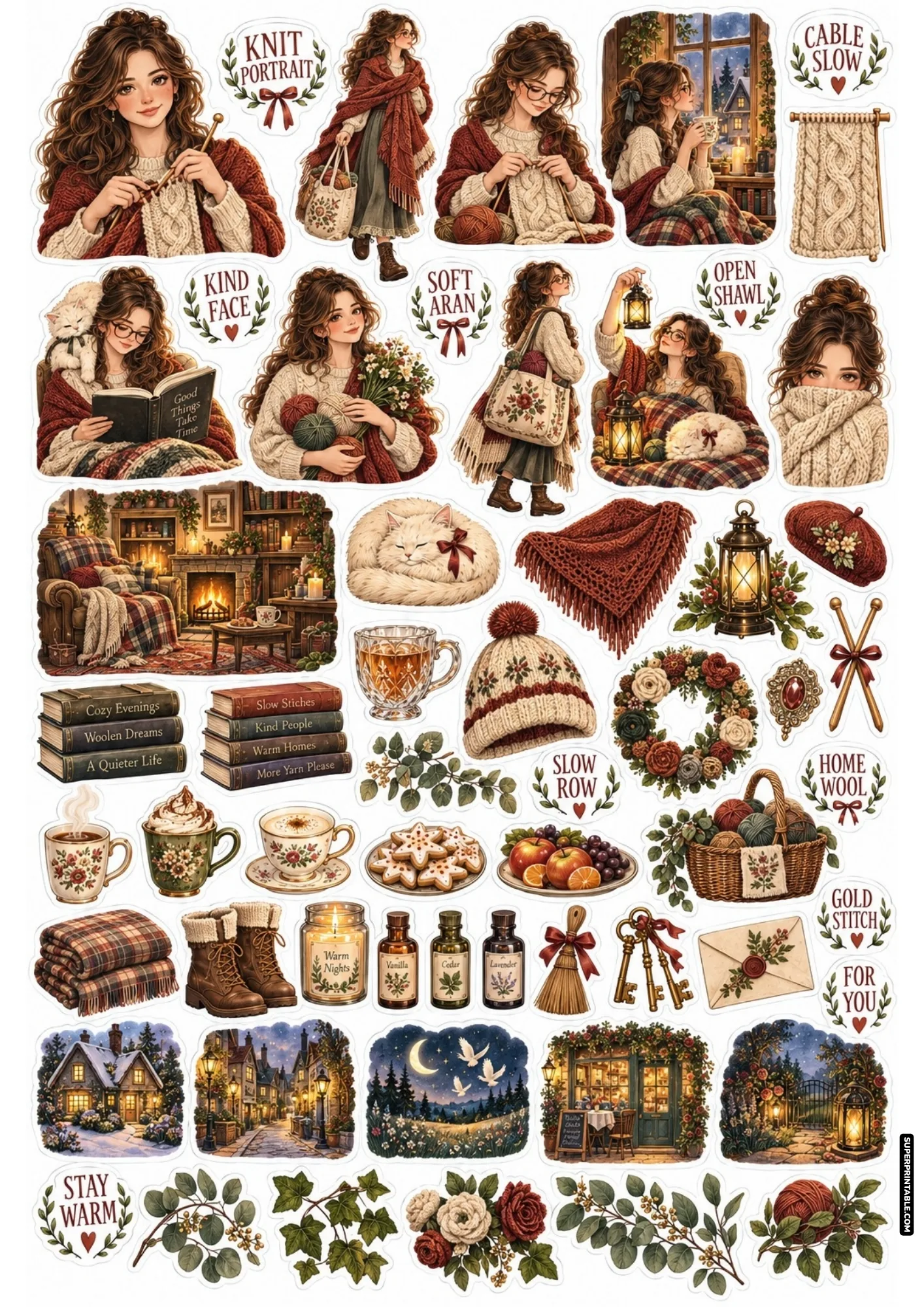 Aran cable knit sticker sheet displaying intricate cable patterns, wool shawls, wooden needles, and candlelit scenes