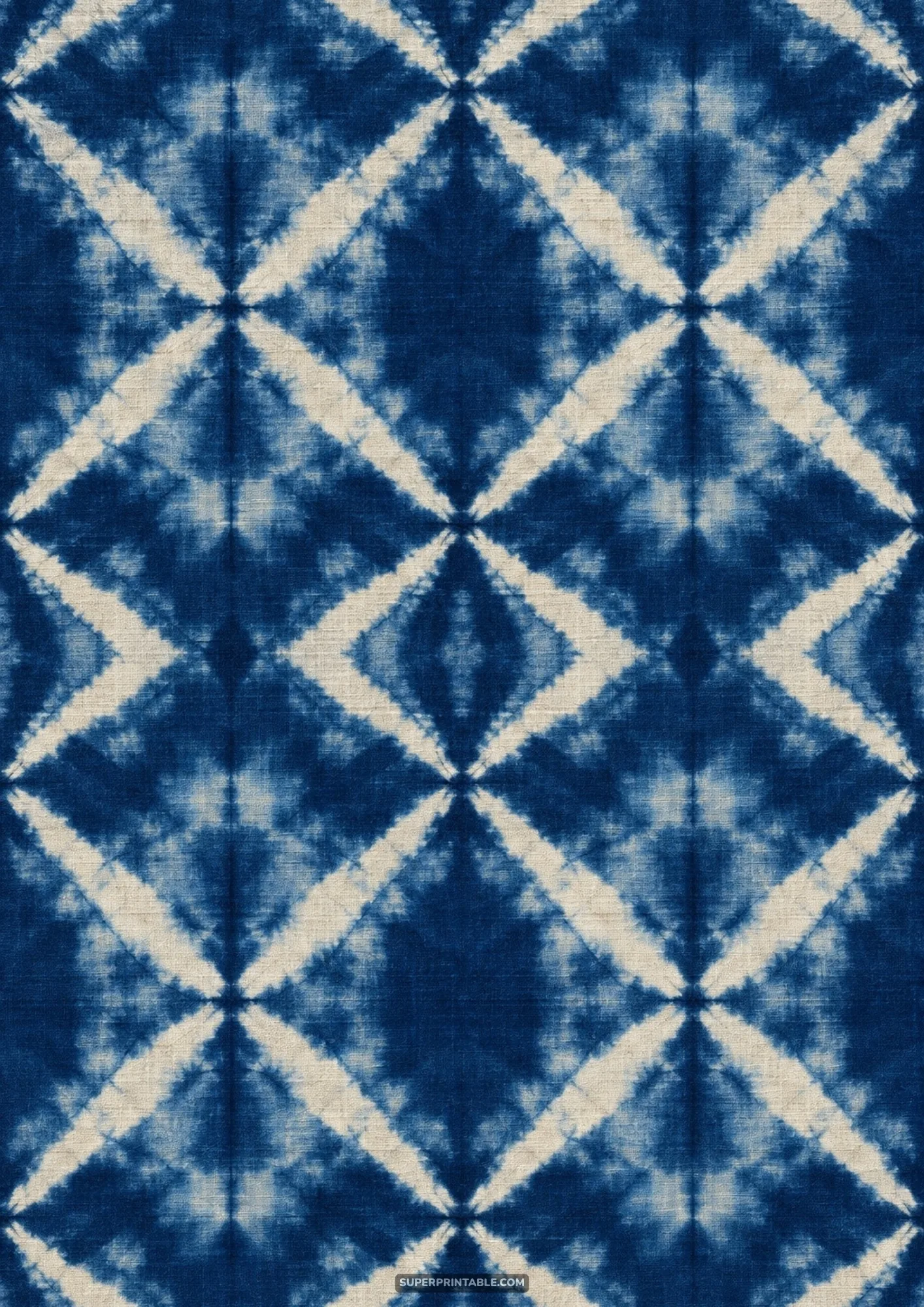 Arashi shibori diamond lattice resist pattern dyed in rich indigo on woven linen cloth