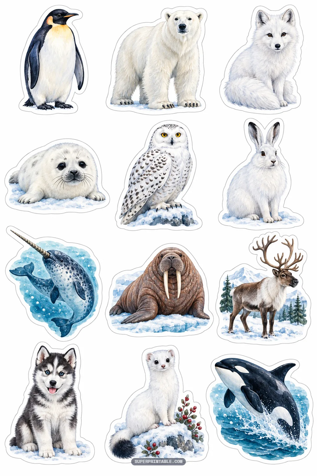 Watercolor polar animal stickers with polar bears, snowy owls, arctic foxes, penguins, and seals on snow