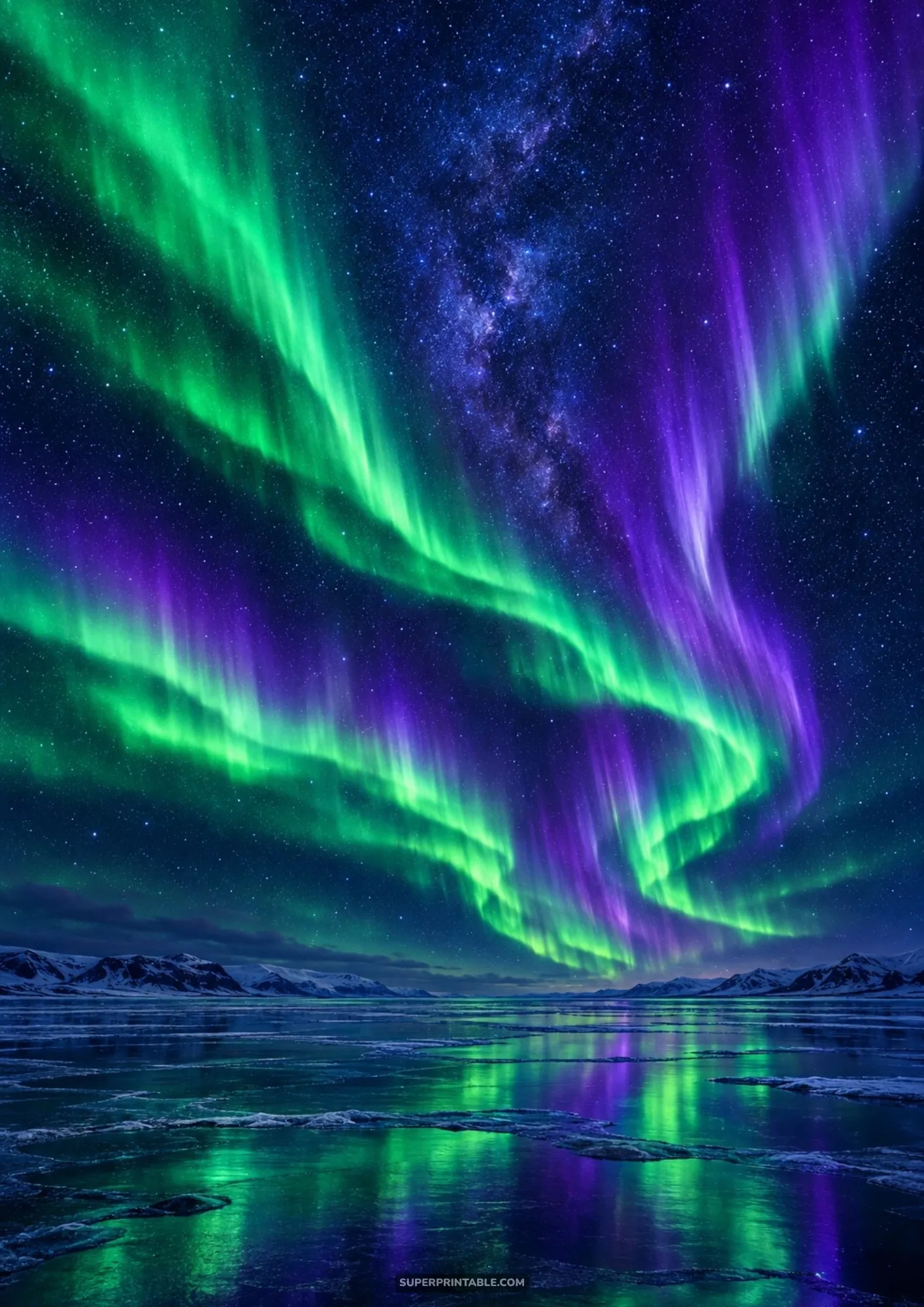 Luminous green and purple northern lights reflecting across a calm icy sea below starry polar skies