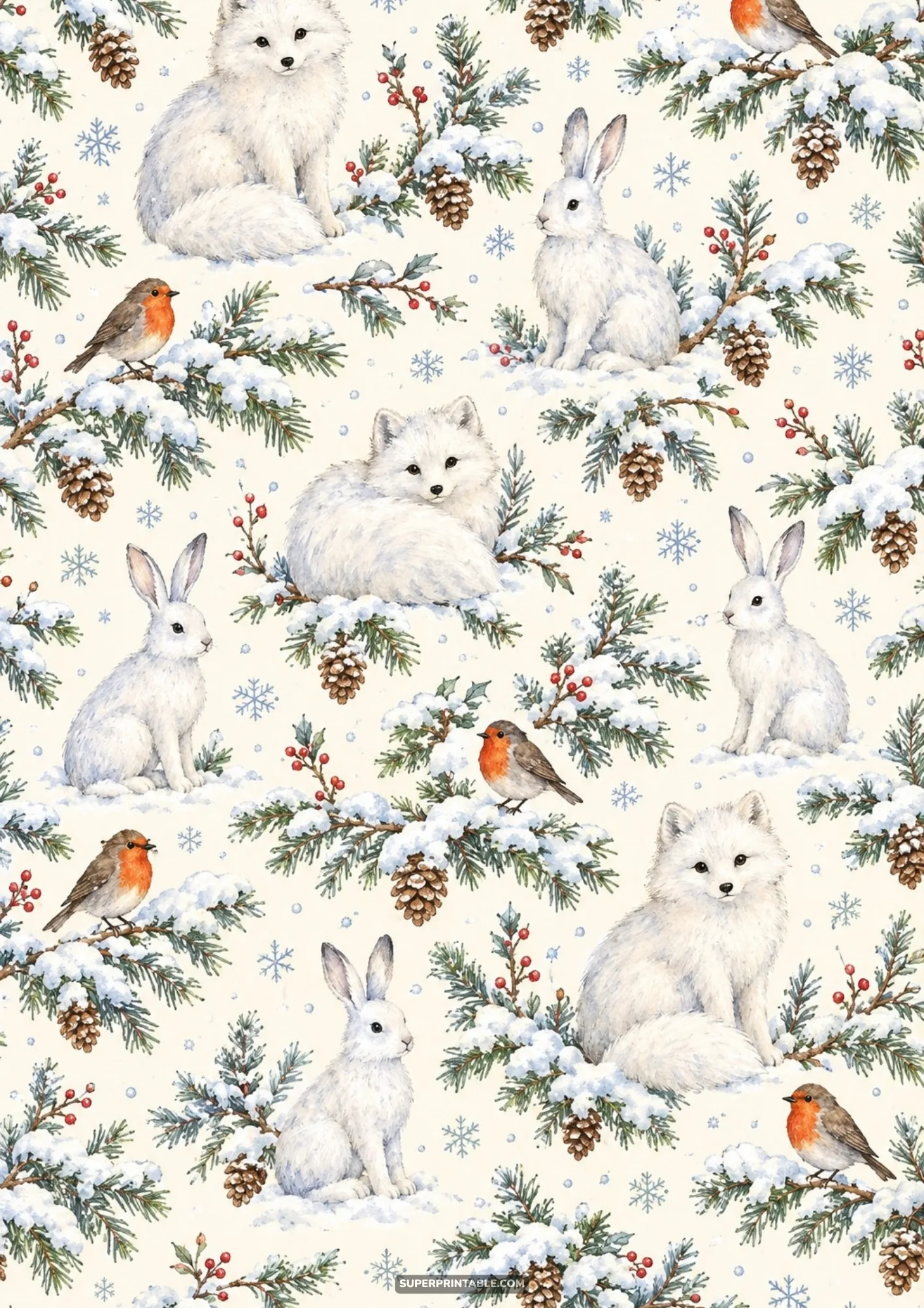 Watercolor pattern of fluffy arctic foxes, snowshoe hares, and robins on snowy pine branches