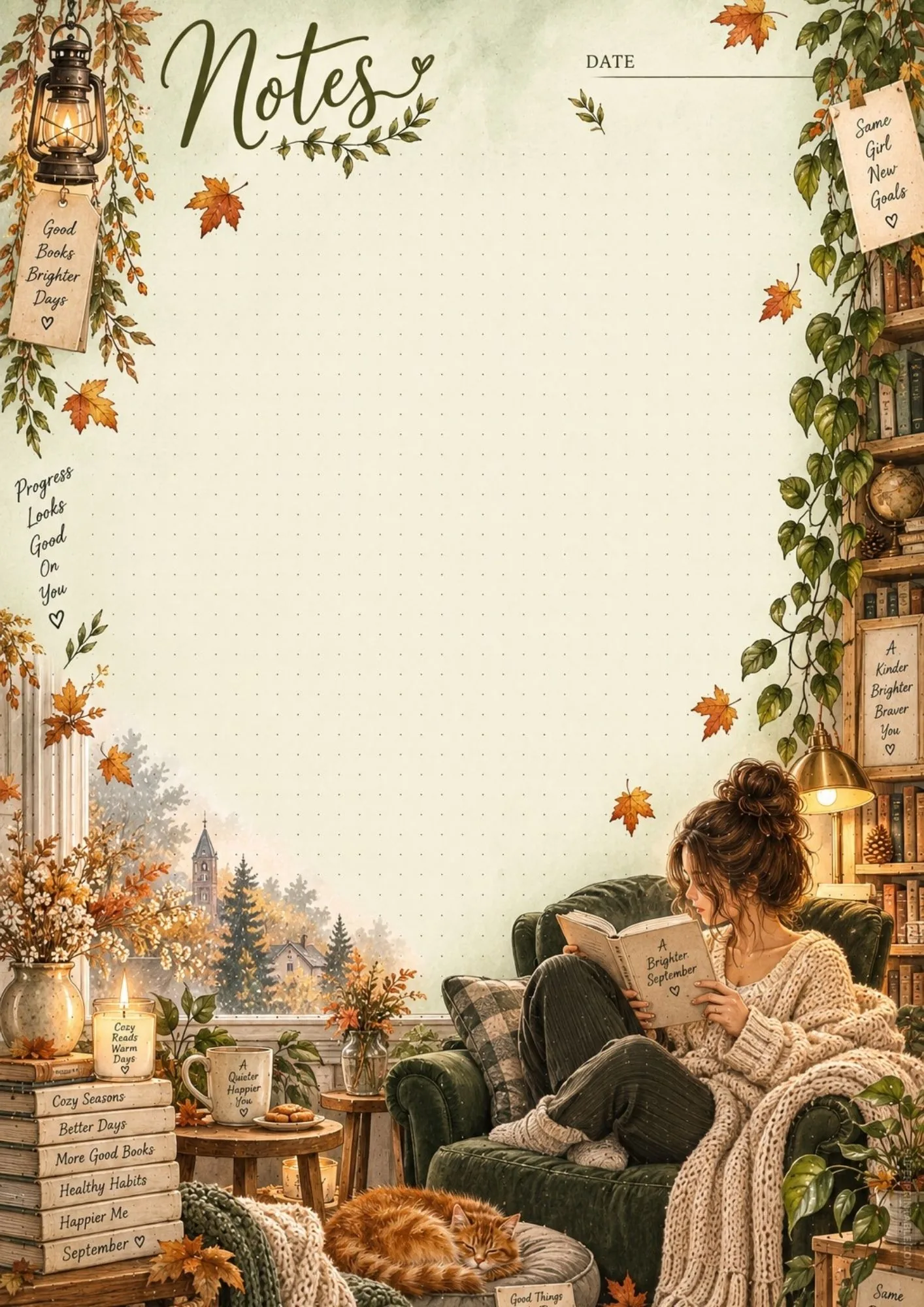 Printable fall stationery page featuring a cozy green armchair and a scenic autumn village view.