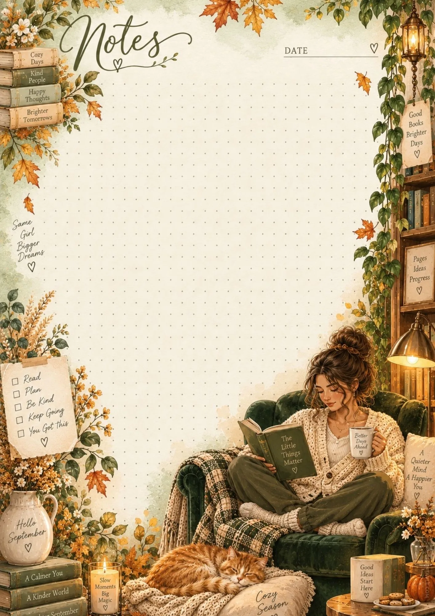Printable dot grid stationery with an armchair reader, warm tea, and sleeping cat in fall colors.