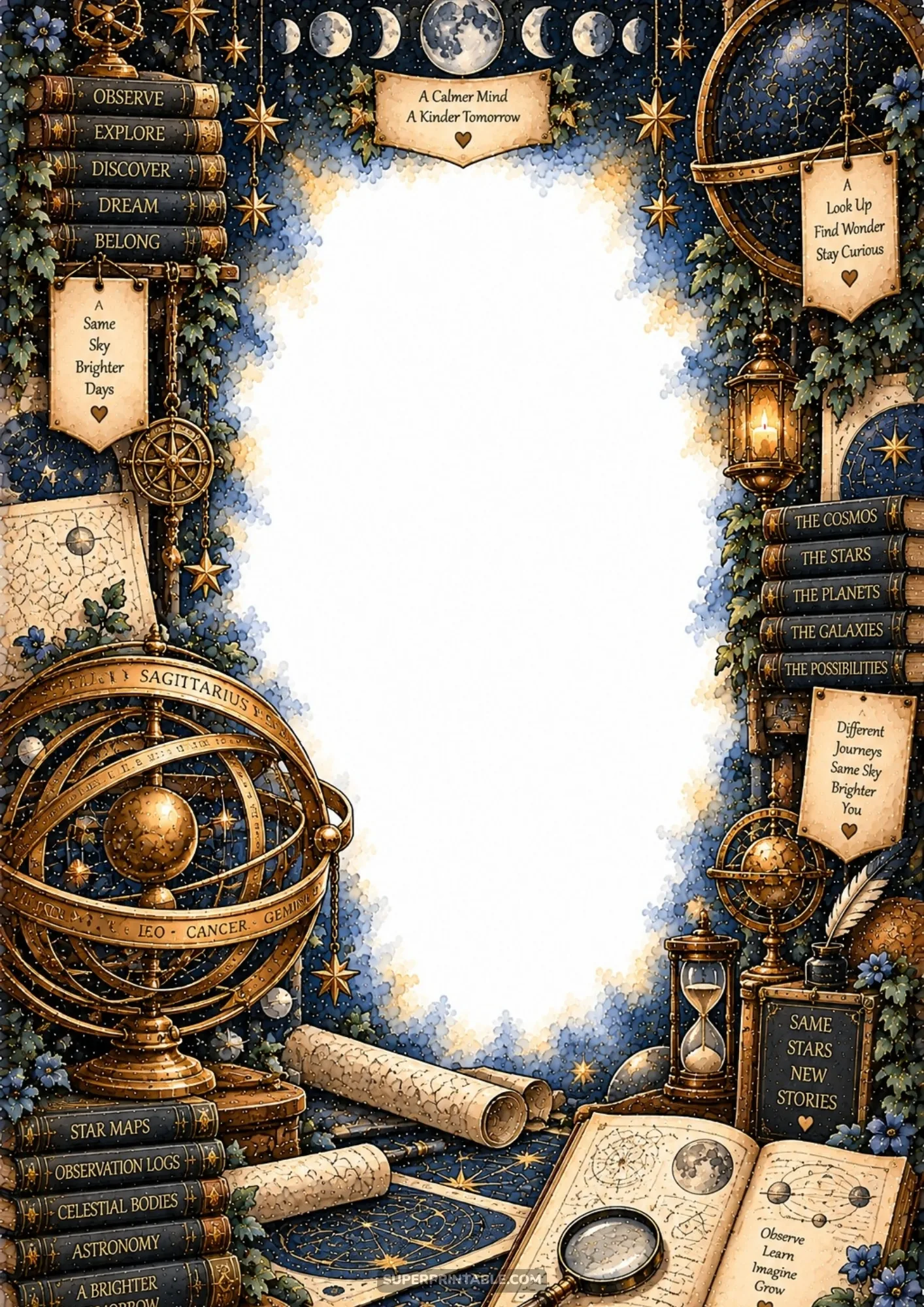 Ornate brass armillary sphere beside open astronomy notebooks, hourglass, and star charts.