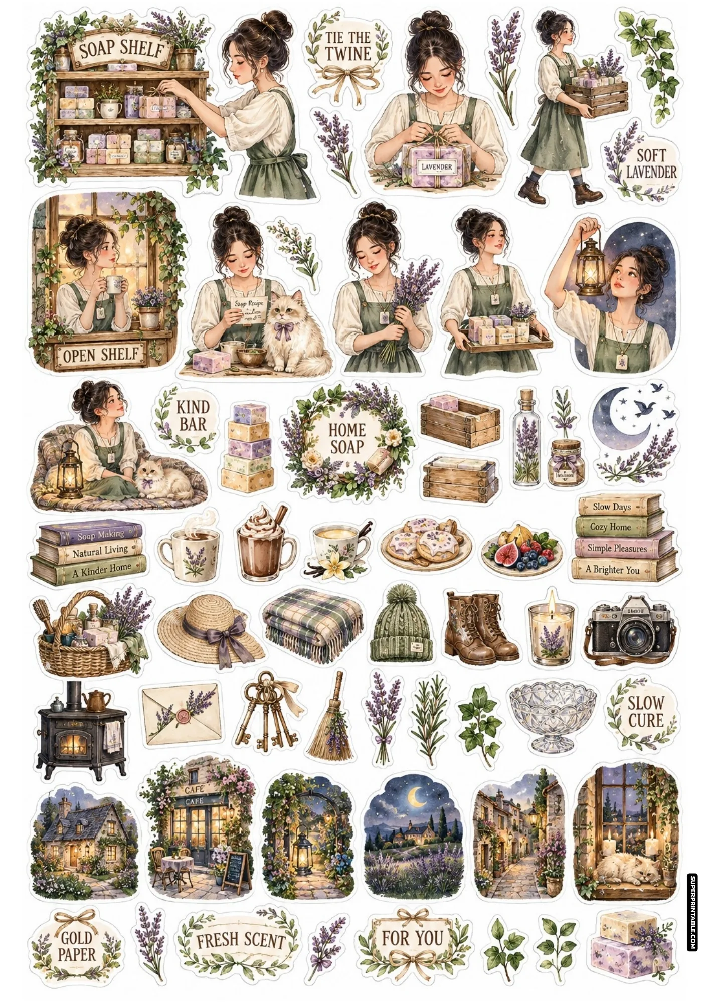 Artisan lavender soap making sticker sheet with wooden pantry shelf, wrapped soap bars, and herbal tea