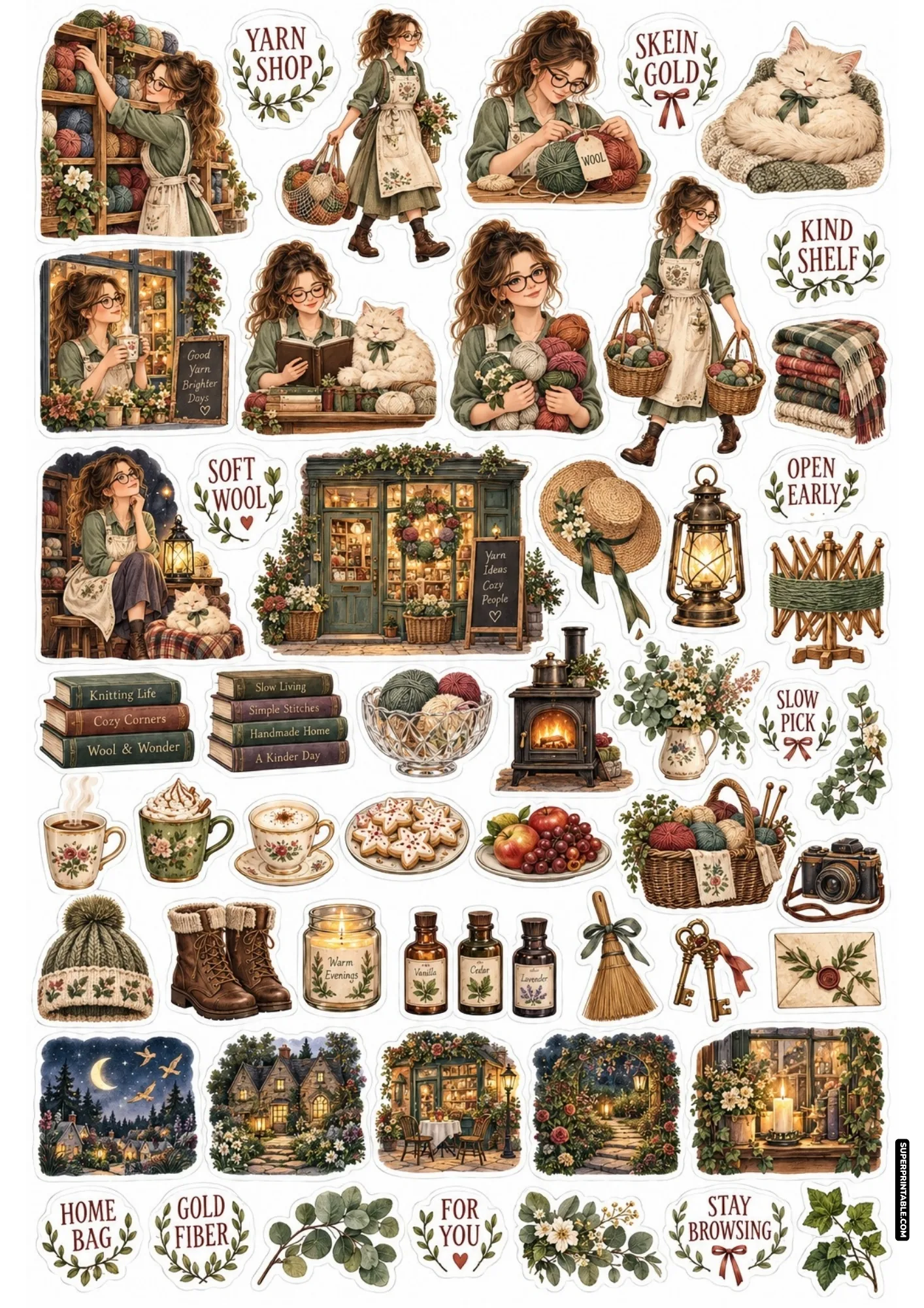 Yarn shop sticker sheet depicting shelves of colorful wool skeins, aproned knitters, yarn swifts, and cozy store fronts