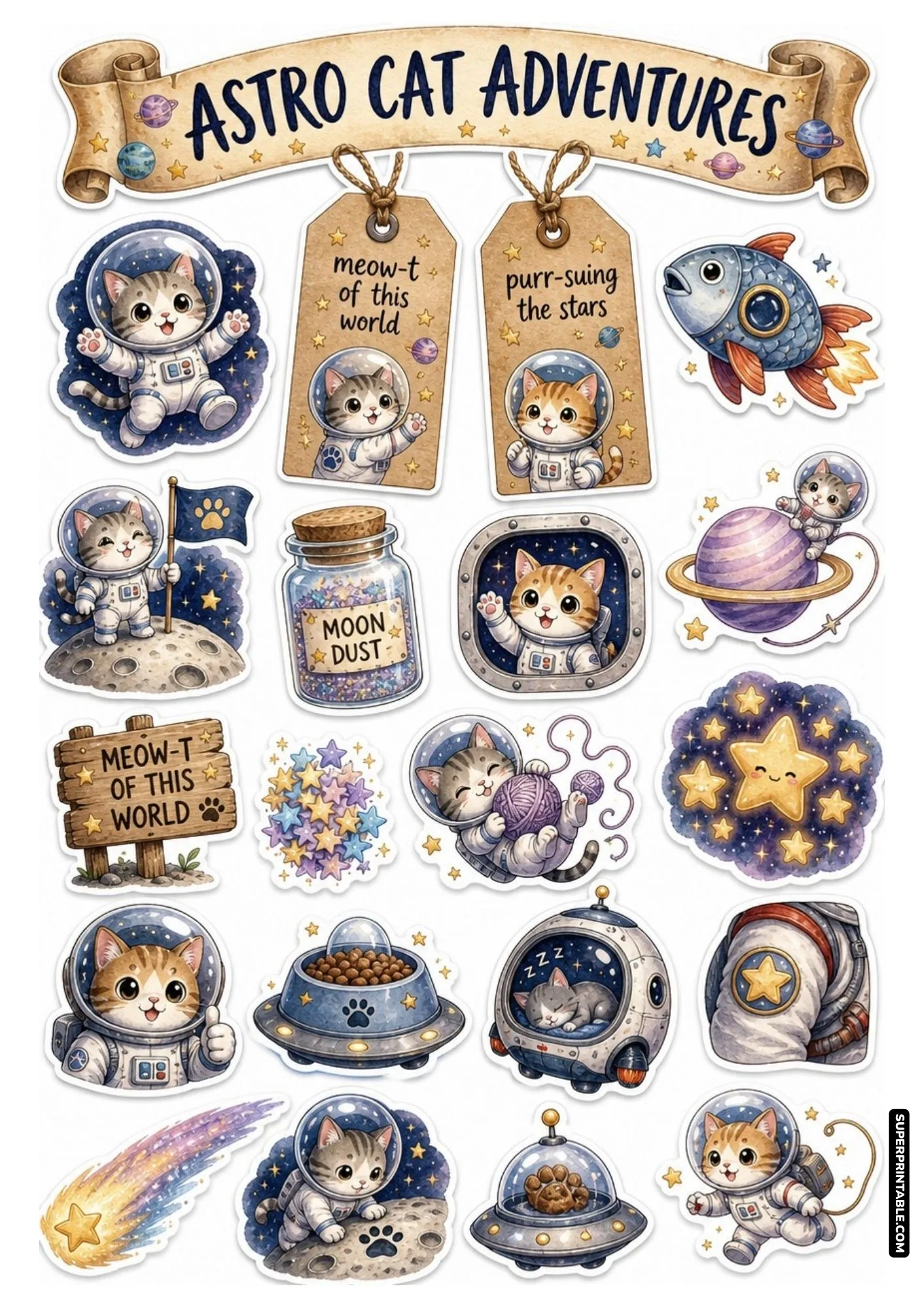 Astro cat adventures sticker sheet featuring cat astronauts, fish rockets, and yarn ball planets.