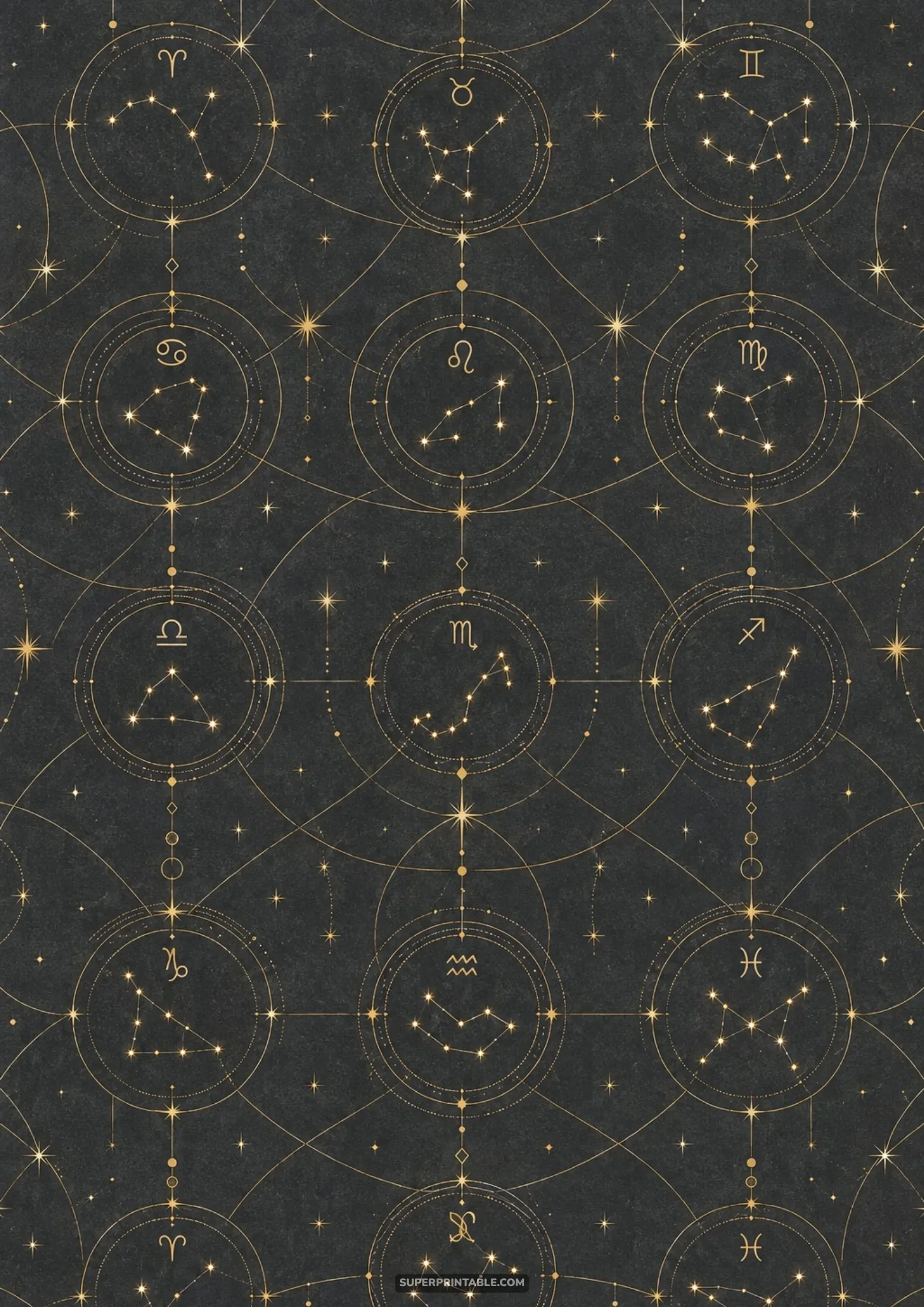 Dark astrological chart with golden zodiac constellations and planetary alignment lines in circular rings