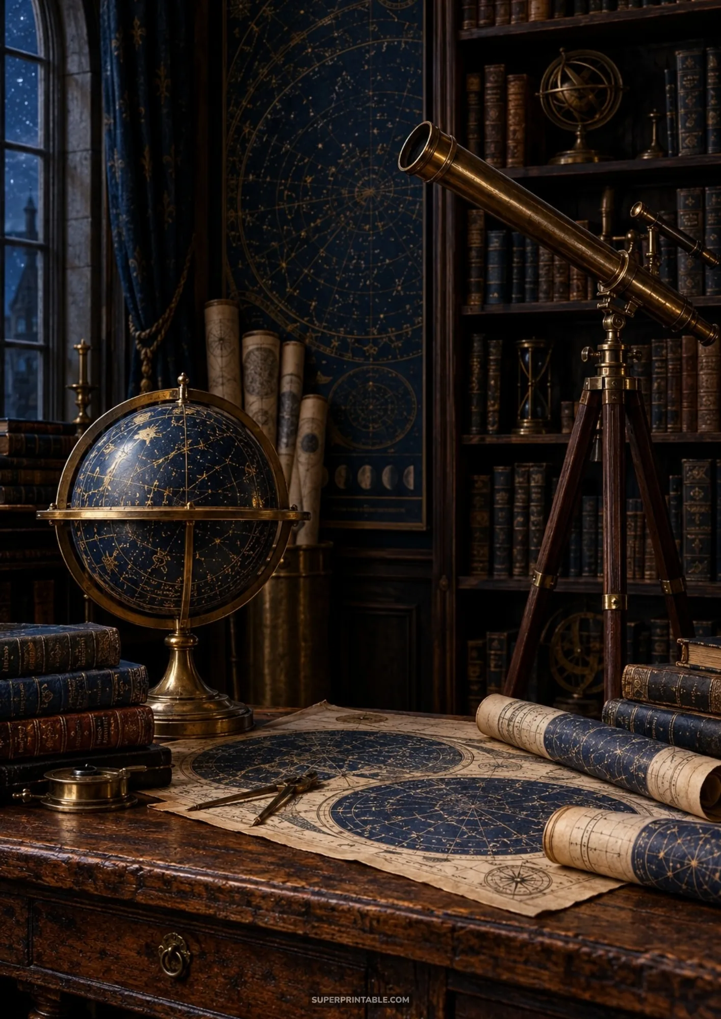 Vintage astronomical observatory study with a brass telescope, celestial globe, and star charts