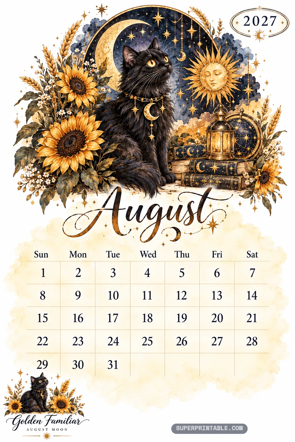 Fluffy black cat wearing a crescent moon collar surrounded by bright sunflowers and golden wheat stalks