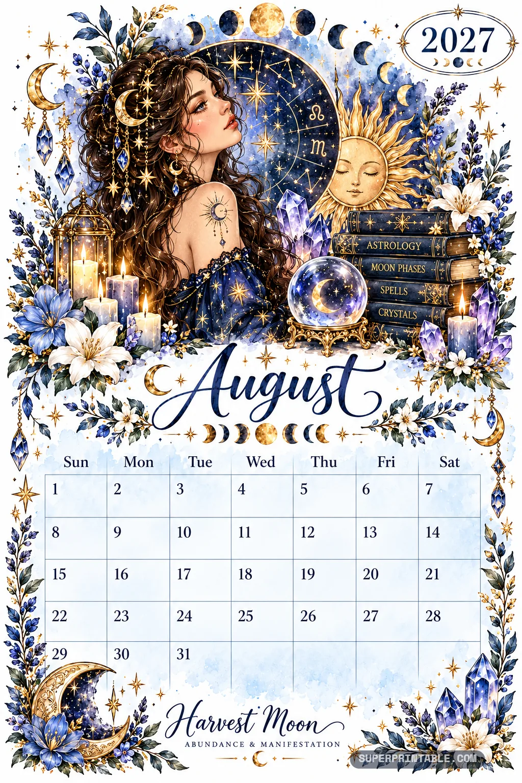Celestial maiden beside grimoires, crystal ball, and candles in the astrology moon phases 2027 calendar