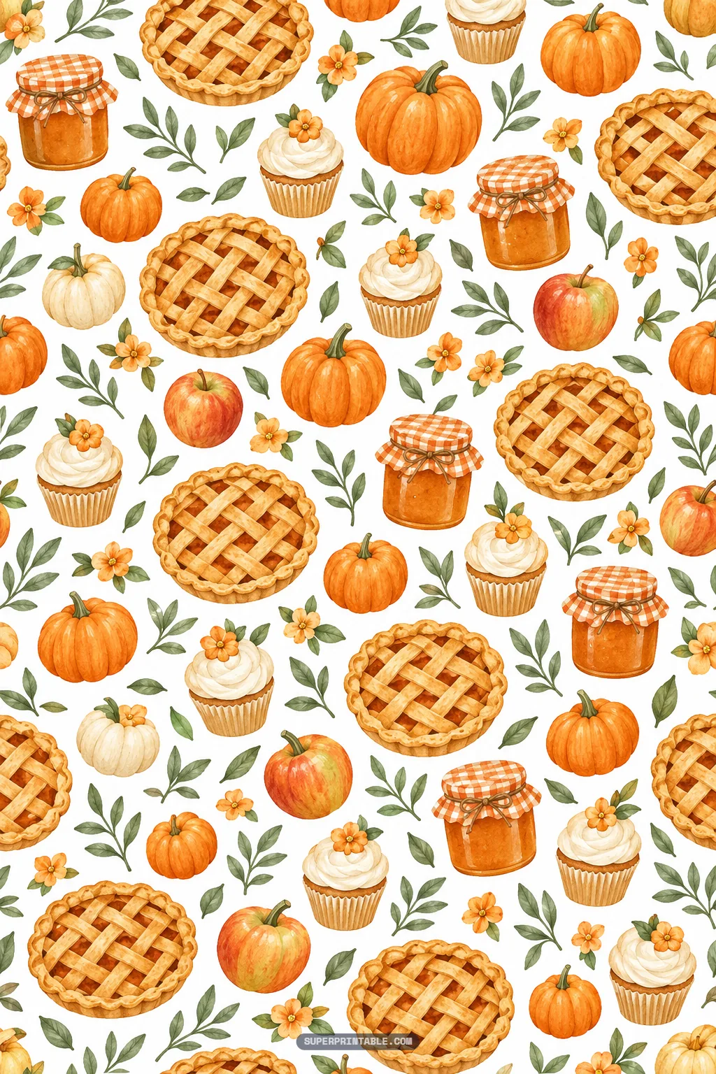 Cozy autumn bakery digital paper pattern with pumpkin pies fruit preserves cupcakes and glazed apples