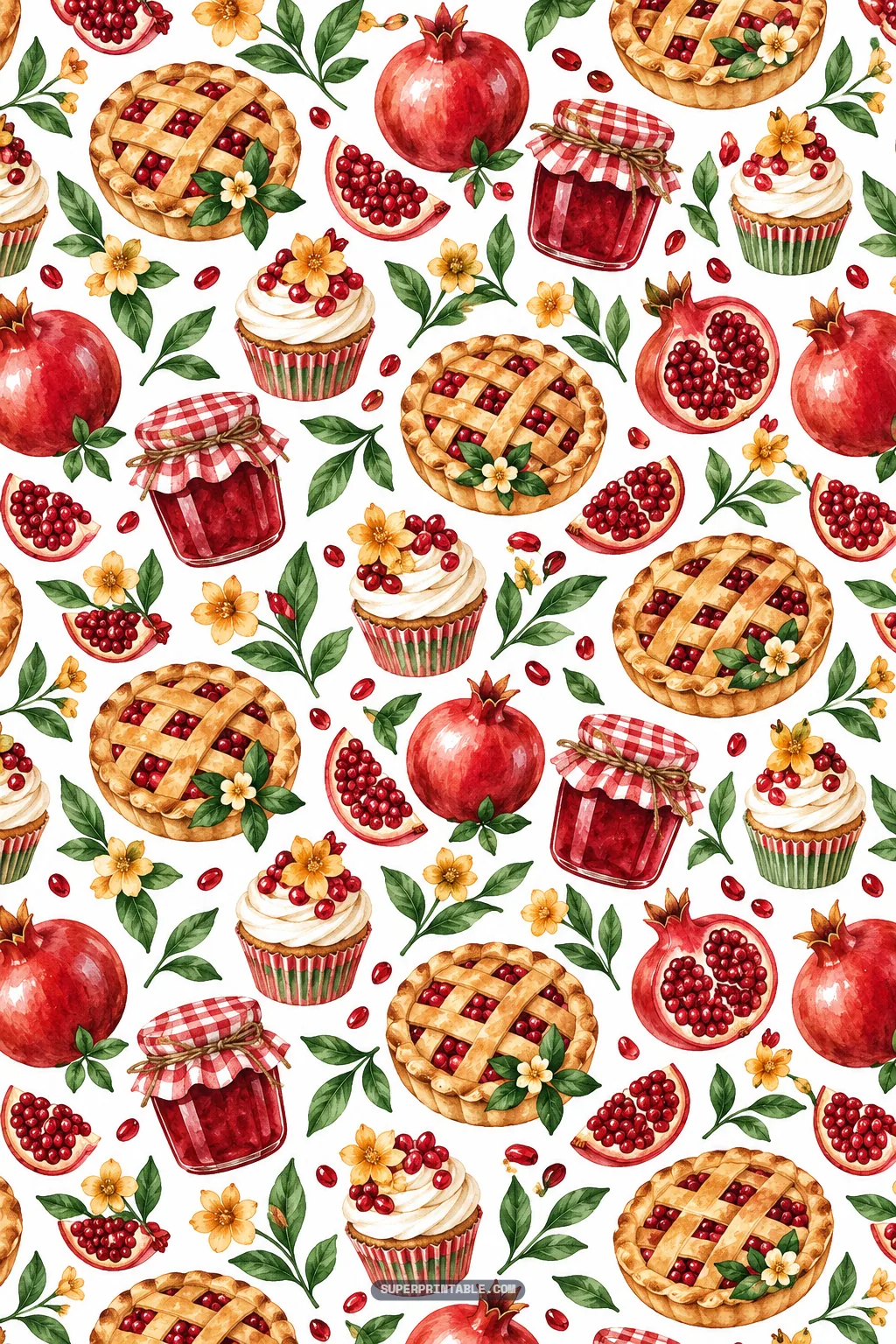 Whimsical autumn bakery pattern featuring pomegranate lattice pies, jam jars, and cupcakes