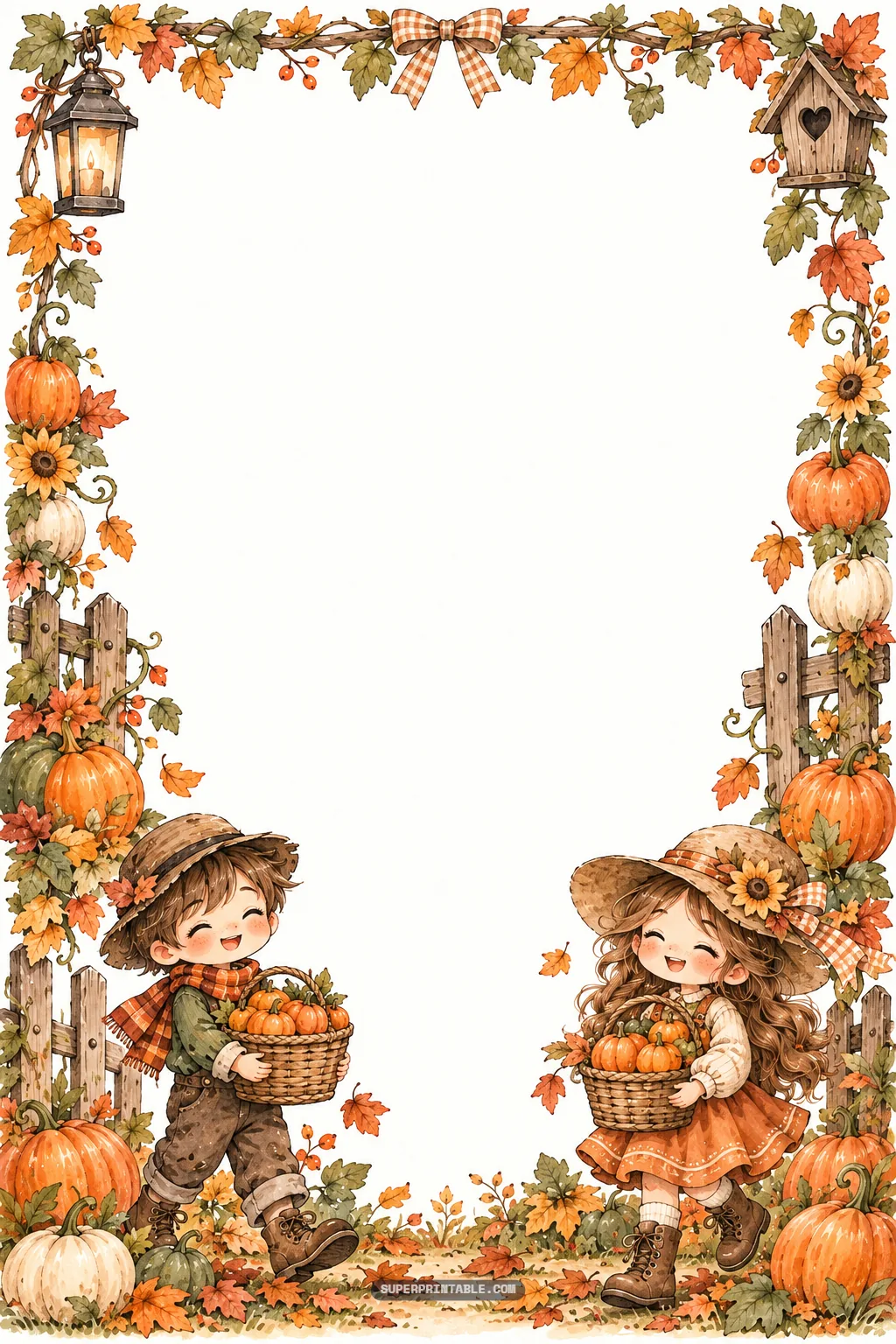 Watercolor harvest border featuring two cheerful children carrying baskets of pumpkins along a fence.