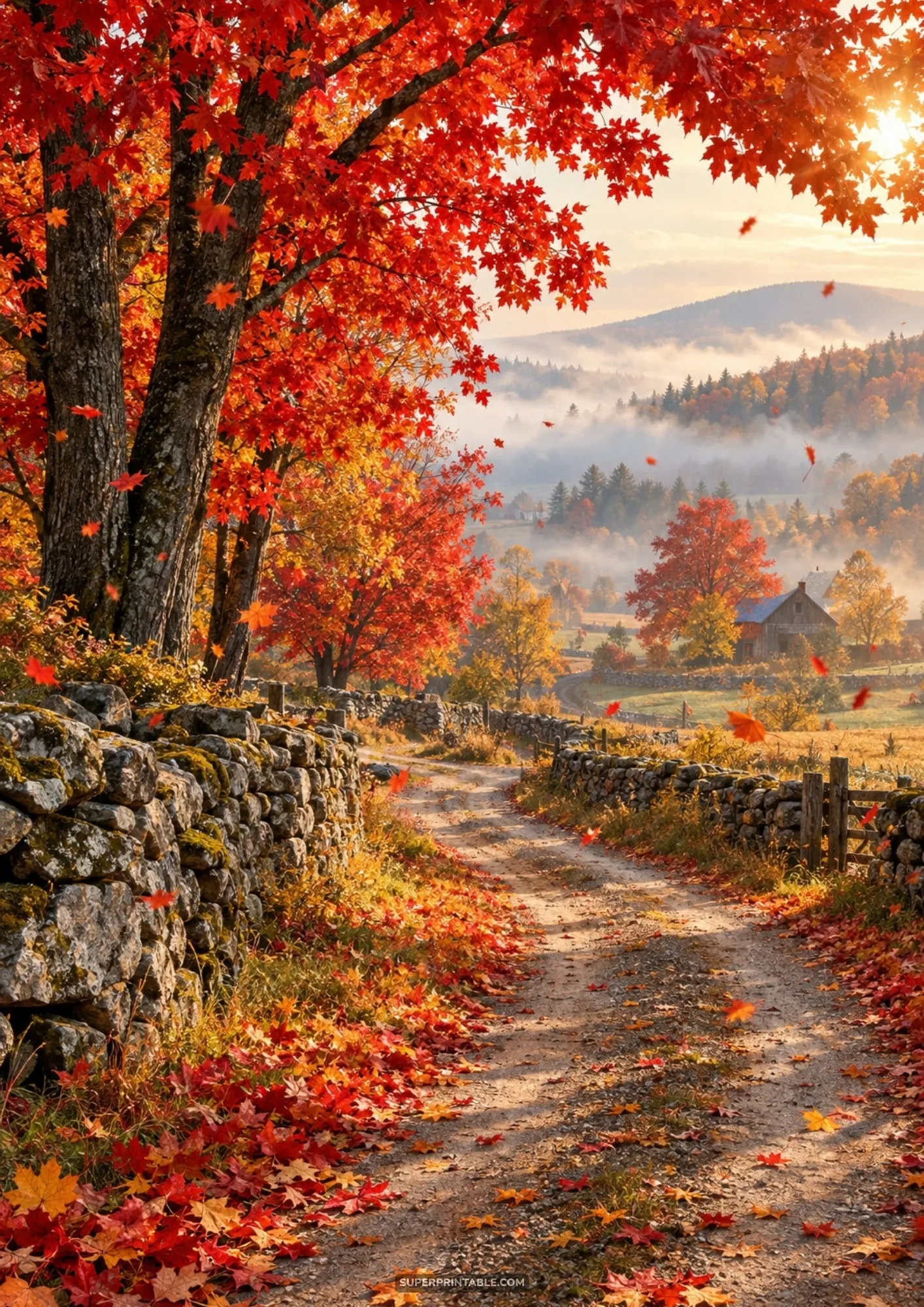 Sunlit dirt path winding past stone walls with vibrant red maple trees and autumn harvest backgrounds in morning fog.