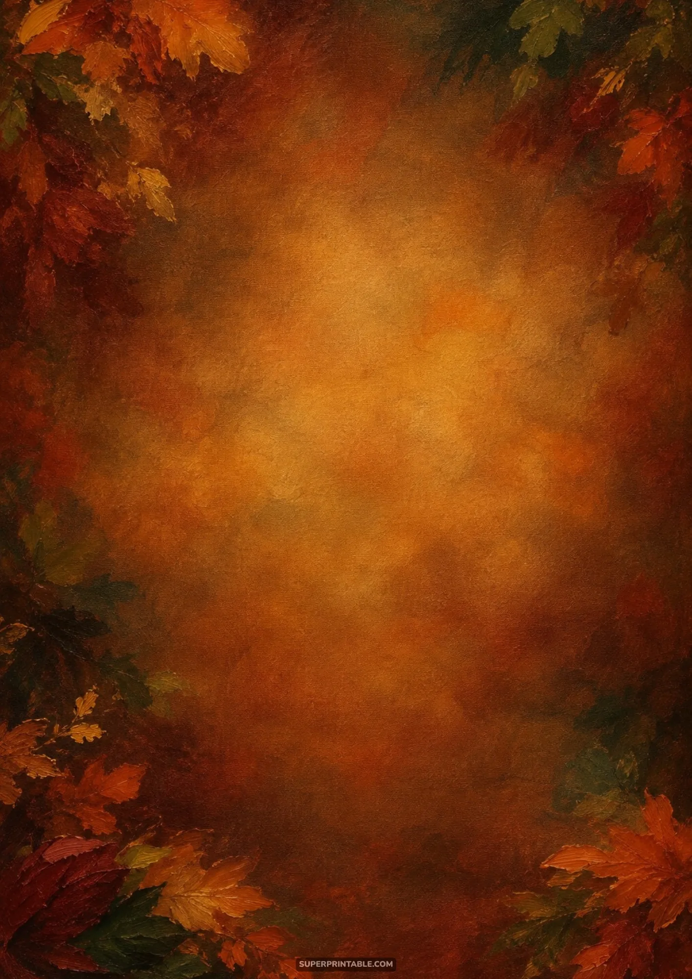 Painterly studio portrait backdrop in warm amber and terracotta tones framed by textured autumn foliage
