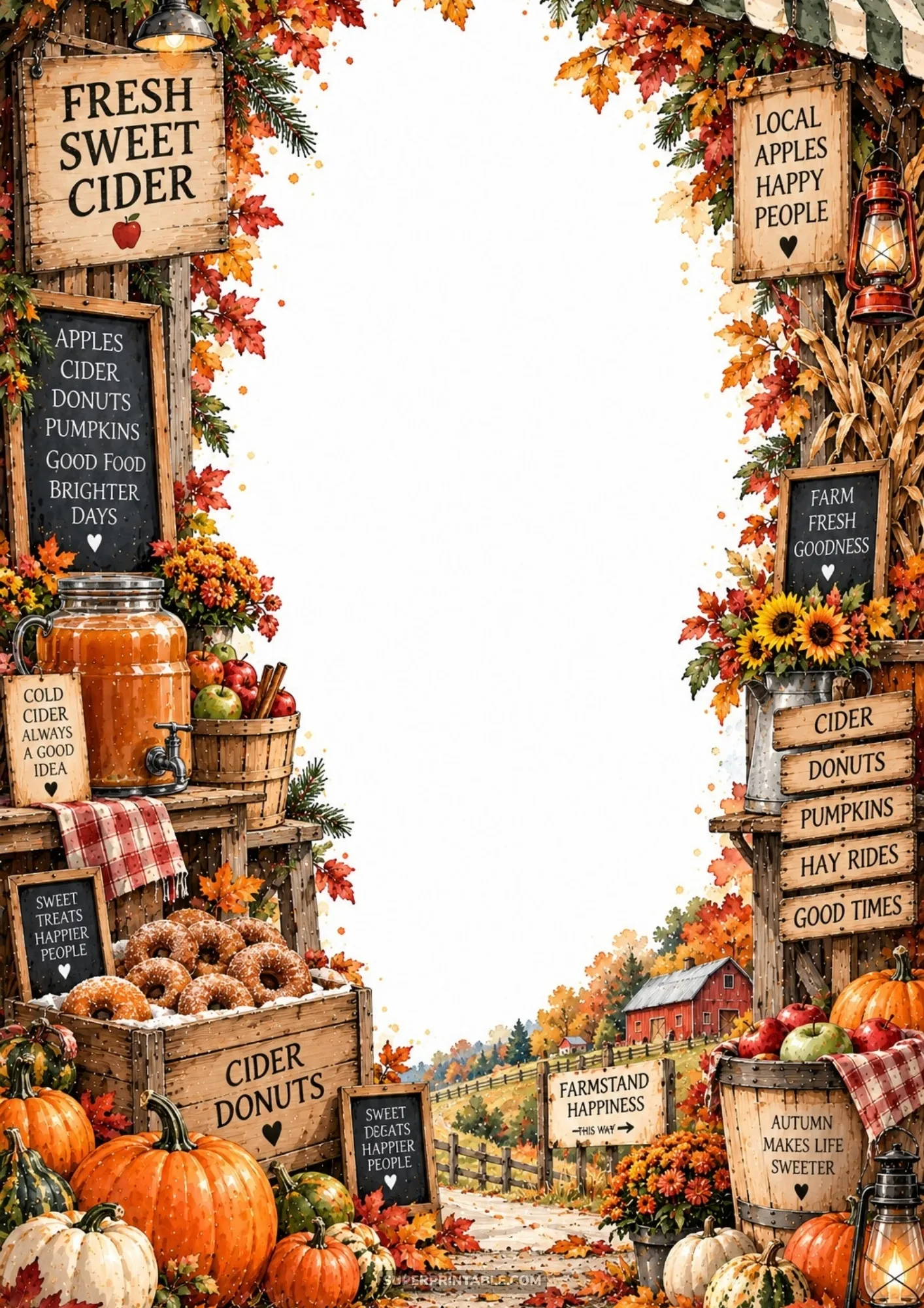 Roadside farmstand border with cold cider dispenser, fresh cinnamon donuts, bright pumpkins, and flowers