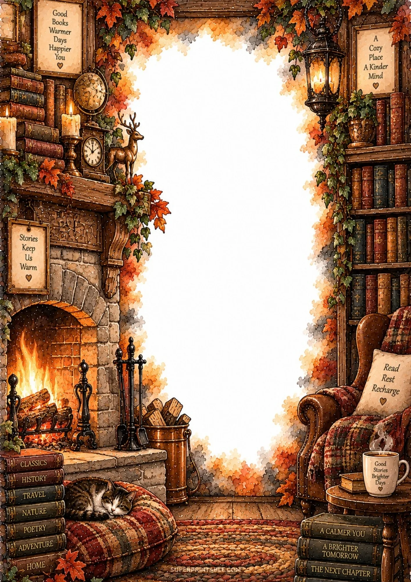 Warm stone fireplace with glowing fire, autumn leaves, bookshelves, and cozy sleeping cat.