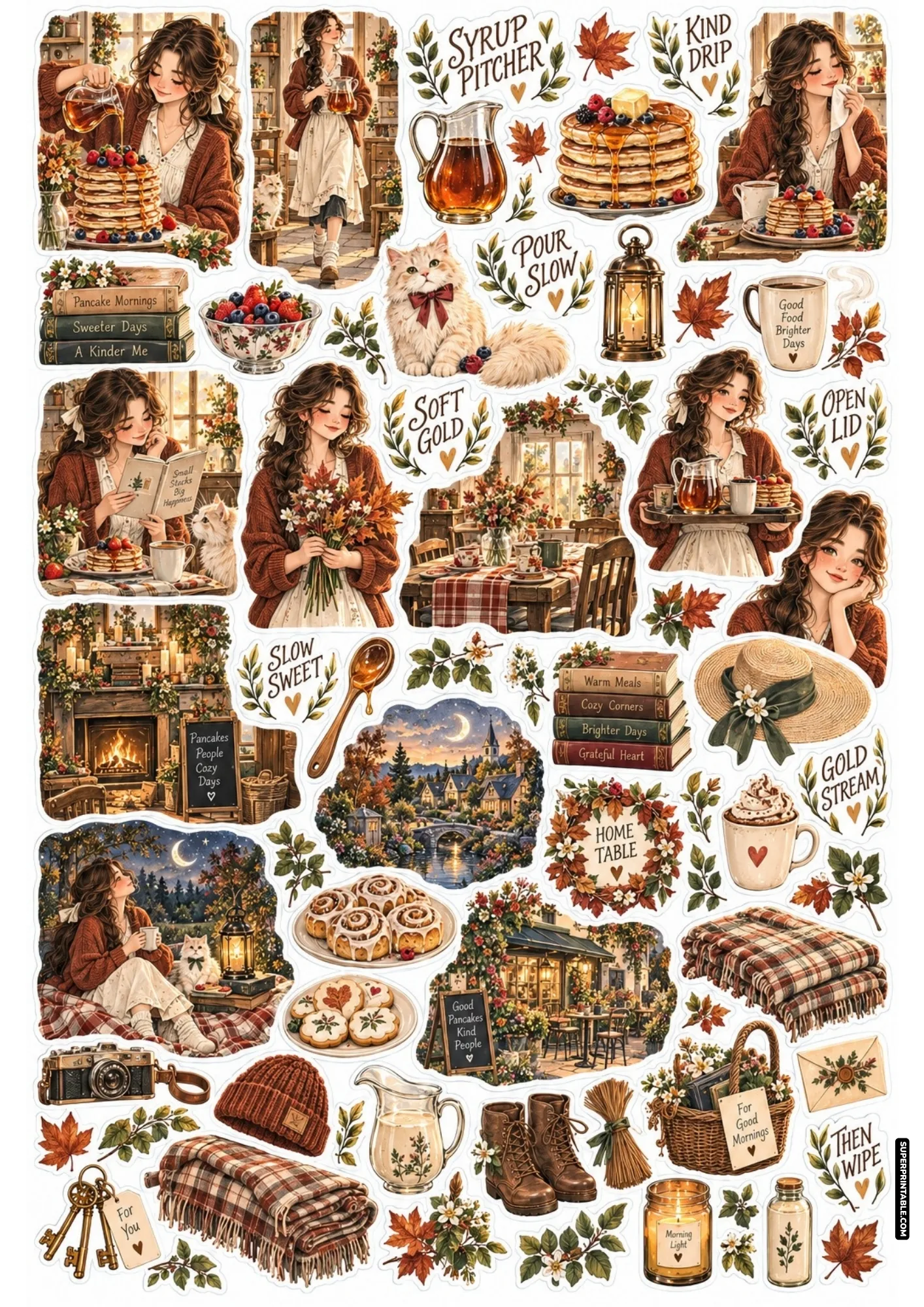 Autumn breakfast stickers featuring amber syrup pouring over pancakes, plaid blankets, fall leaves, and fireside moments