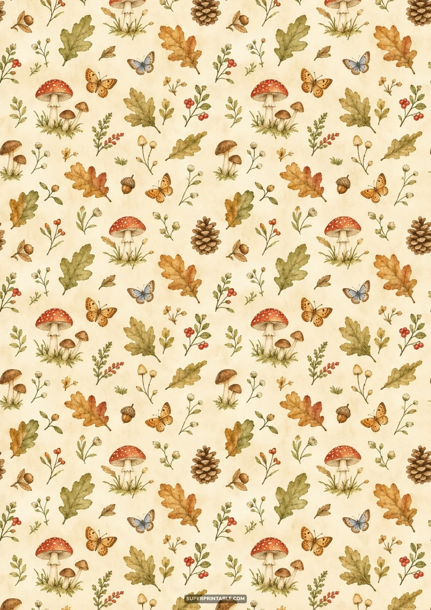 Botanical watercolor pattern of speckled red mushrooms oak foliage brown butterflies and pinecones
