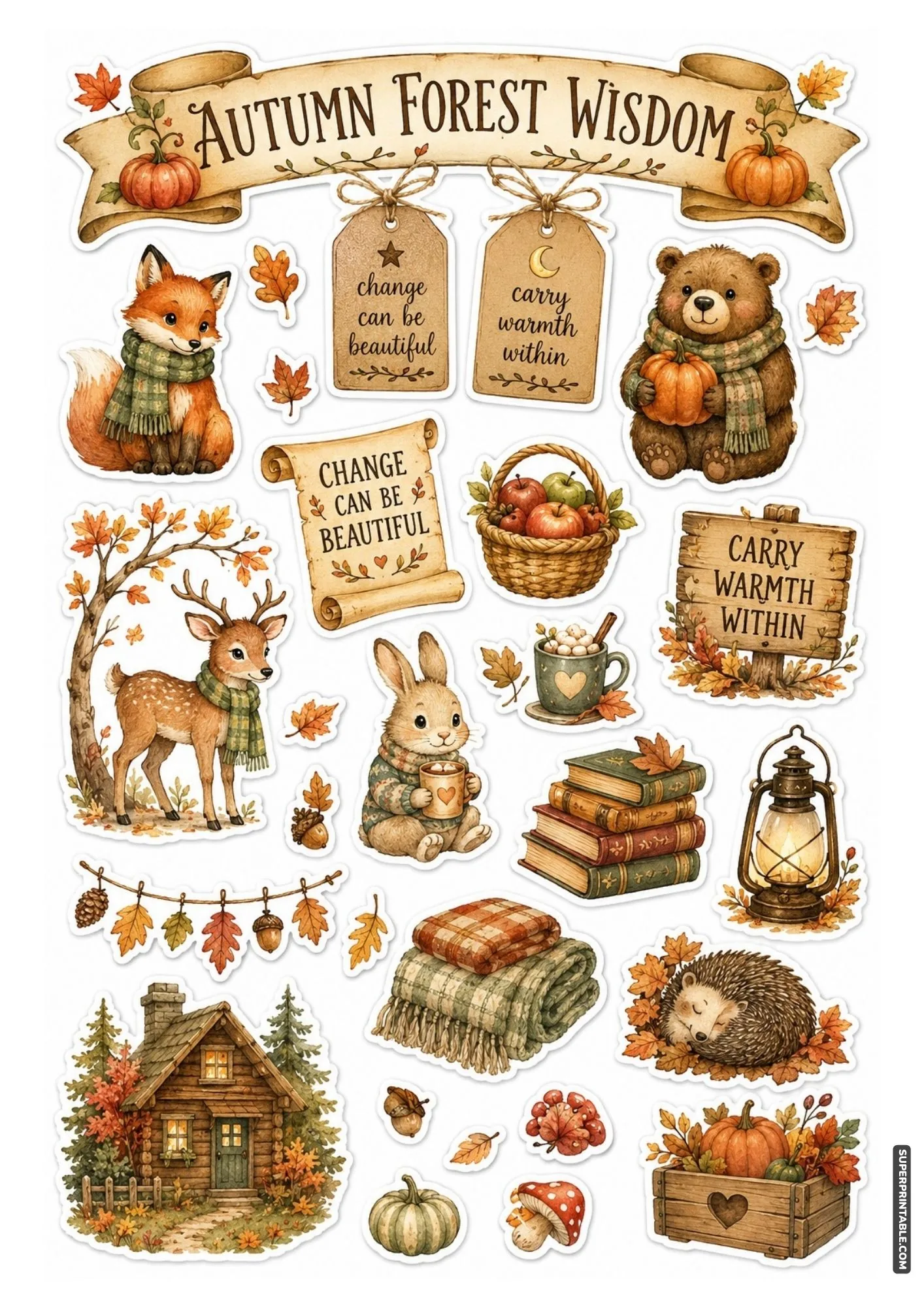 Printable sheet of magical forest friends stickers with cozy autumn woodland animals.