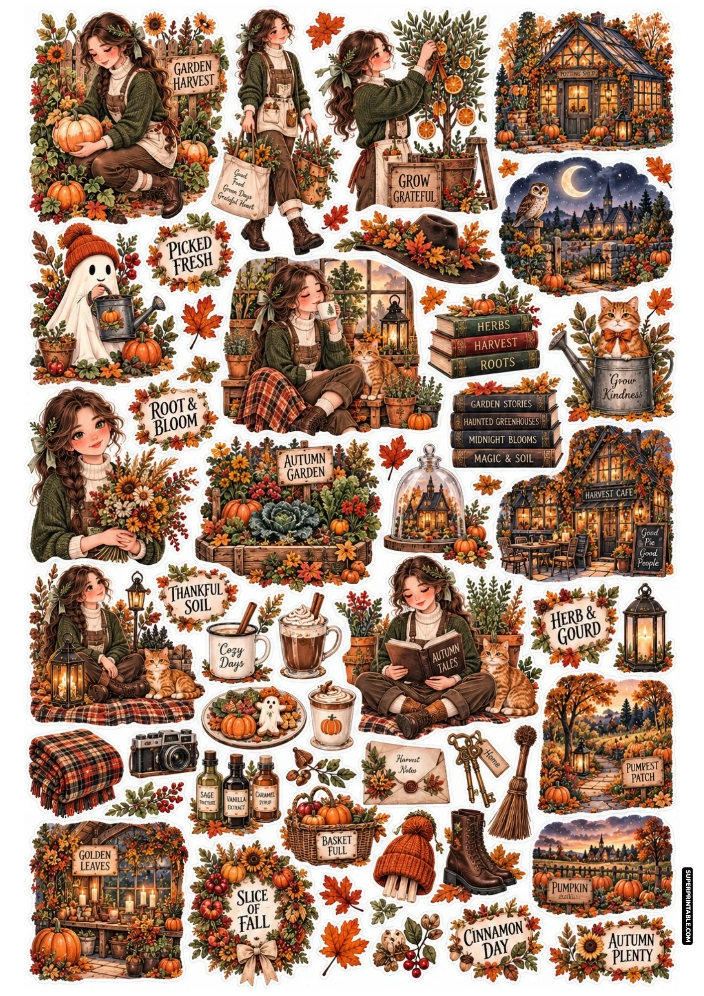 Printable stickers illustrating greenhouse gardening, pumpkin harvesting, reading sessions, and cute cats in watering cans