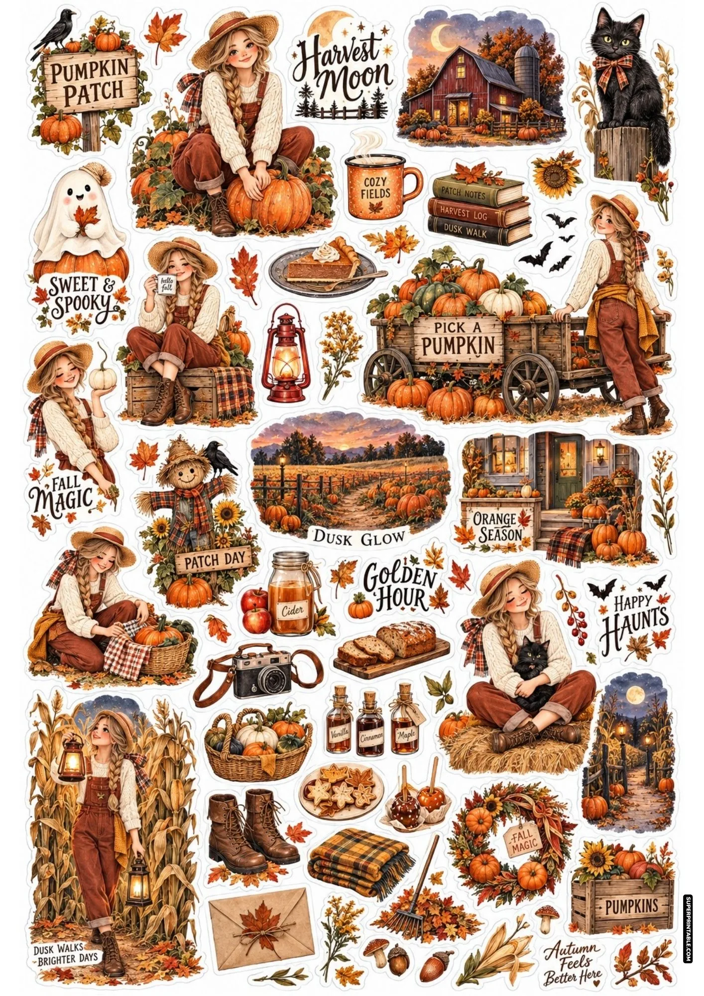 Autumn harvest themed sticker sheet featuring a farm girl, pumpkins, scarecrow, and vintage wagon