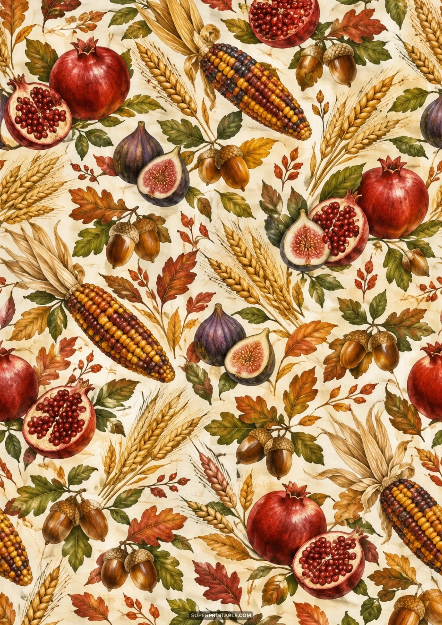 Rich watercolor pattern of ripe split pomegranates, cut figs, multicolored flint corn, and wheat stalks