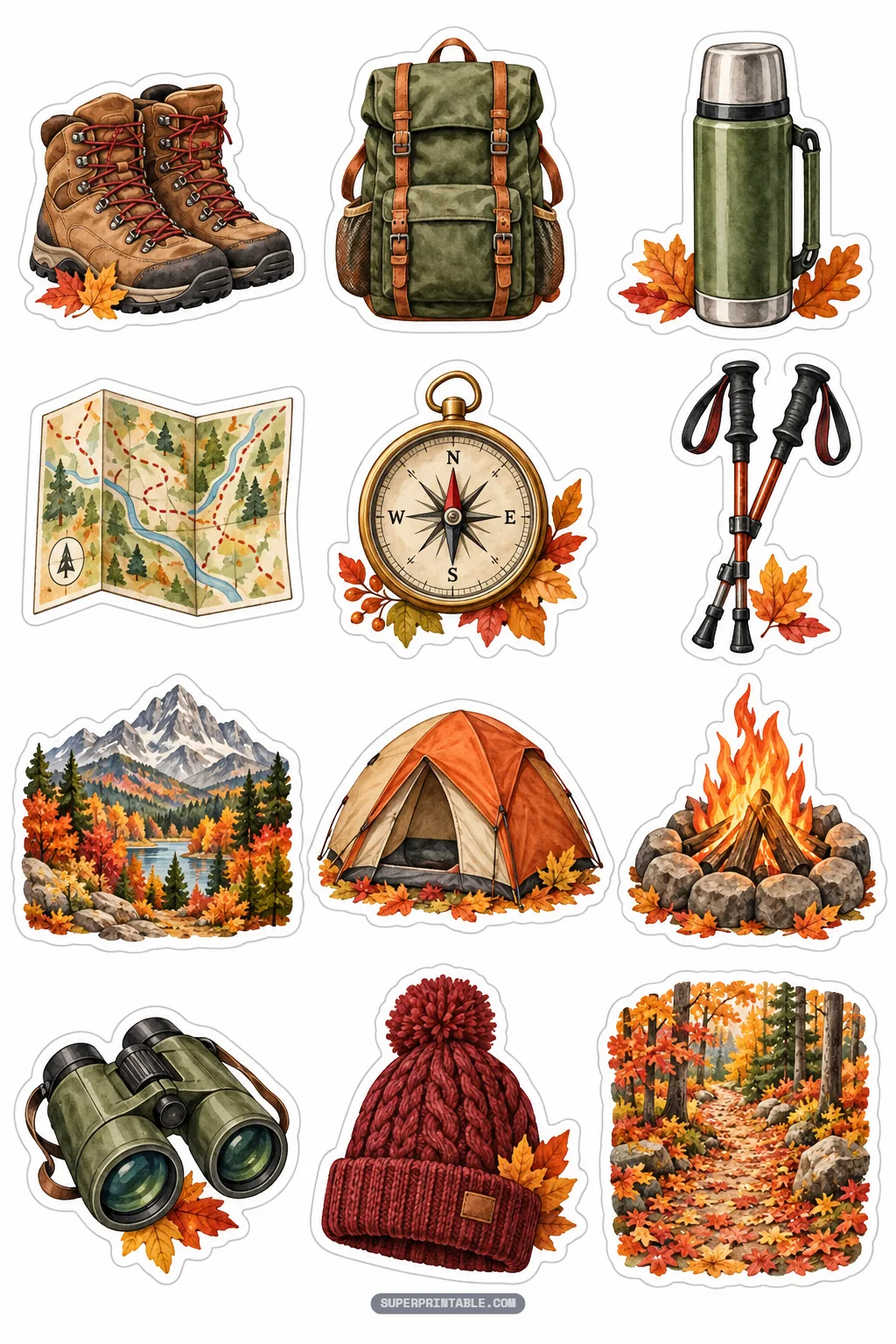 Autumn camping and hiking stickers featuring backpack, tent, campfire, and trail map