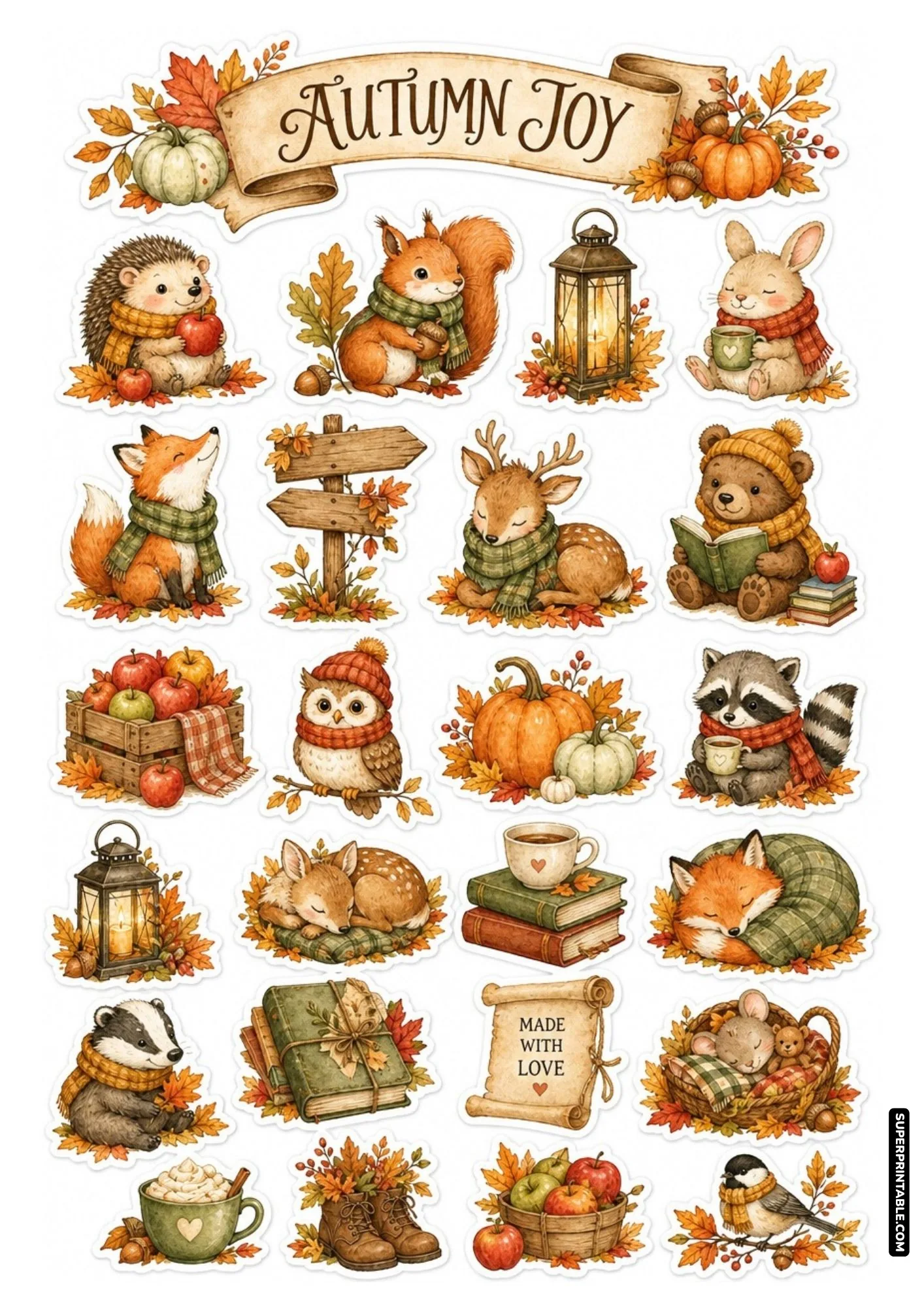 Autumn Joy woodland animals sticker sheet featuring cozy foxes, hedgehogs, and pumpkins for autumn friends sticker sheets.