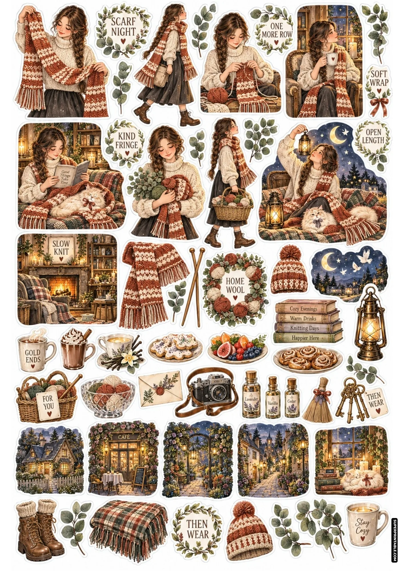 Cozy sticker sheet illustrating hand-knit patterned scarves, fringe details, wooden knitting needles, and warm drinks