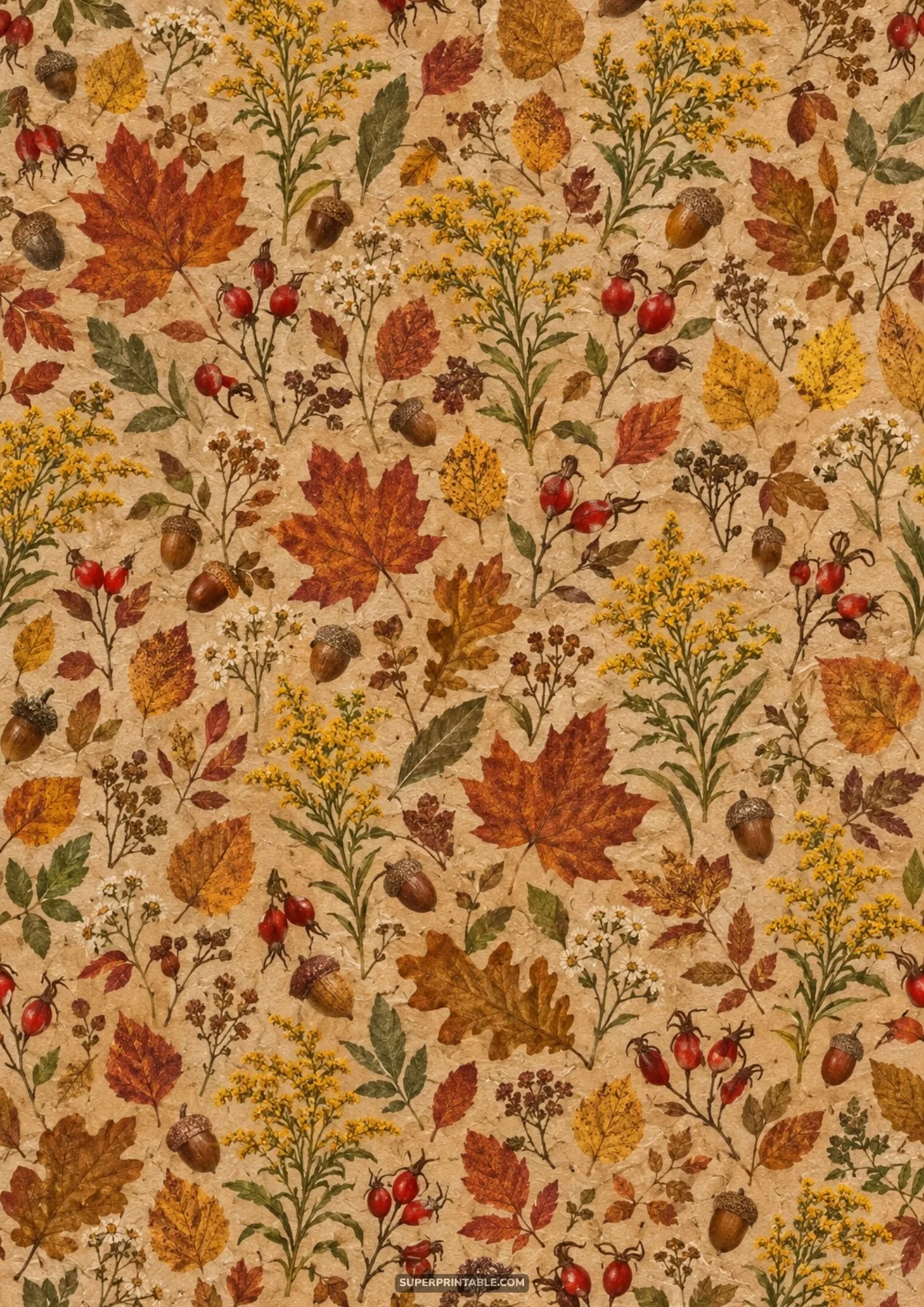 Autumn pressed botanicals featuring golden maple leaves, acorns, and bright red rosehips on paper